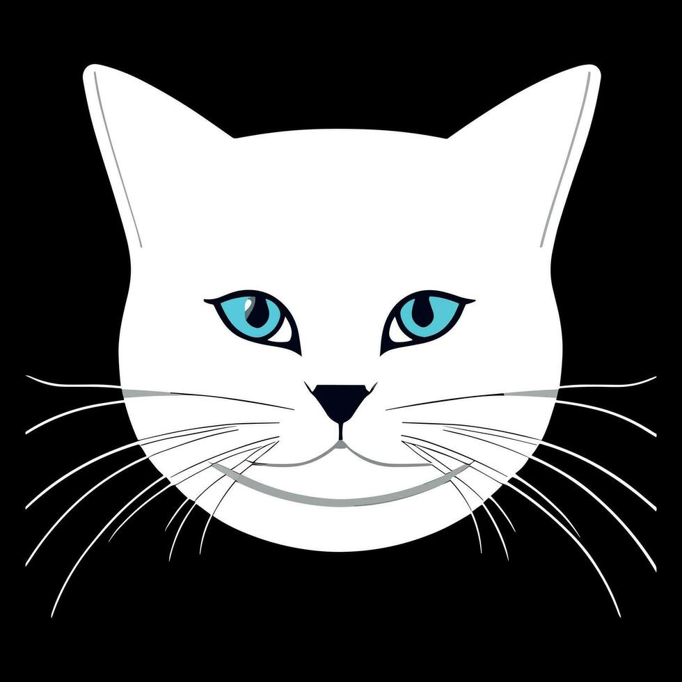 un vector ilustración de un blanco gato cara en un oscuro antecedentes. el gato tiene azul ojos y negro nariz. el gato mira curioso y alerta, como Si eso es acecho alguna cosa atentamente