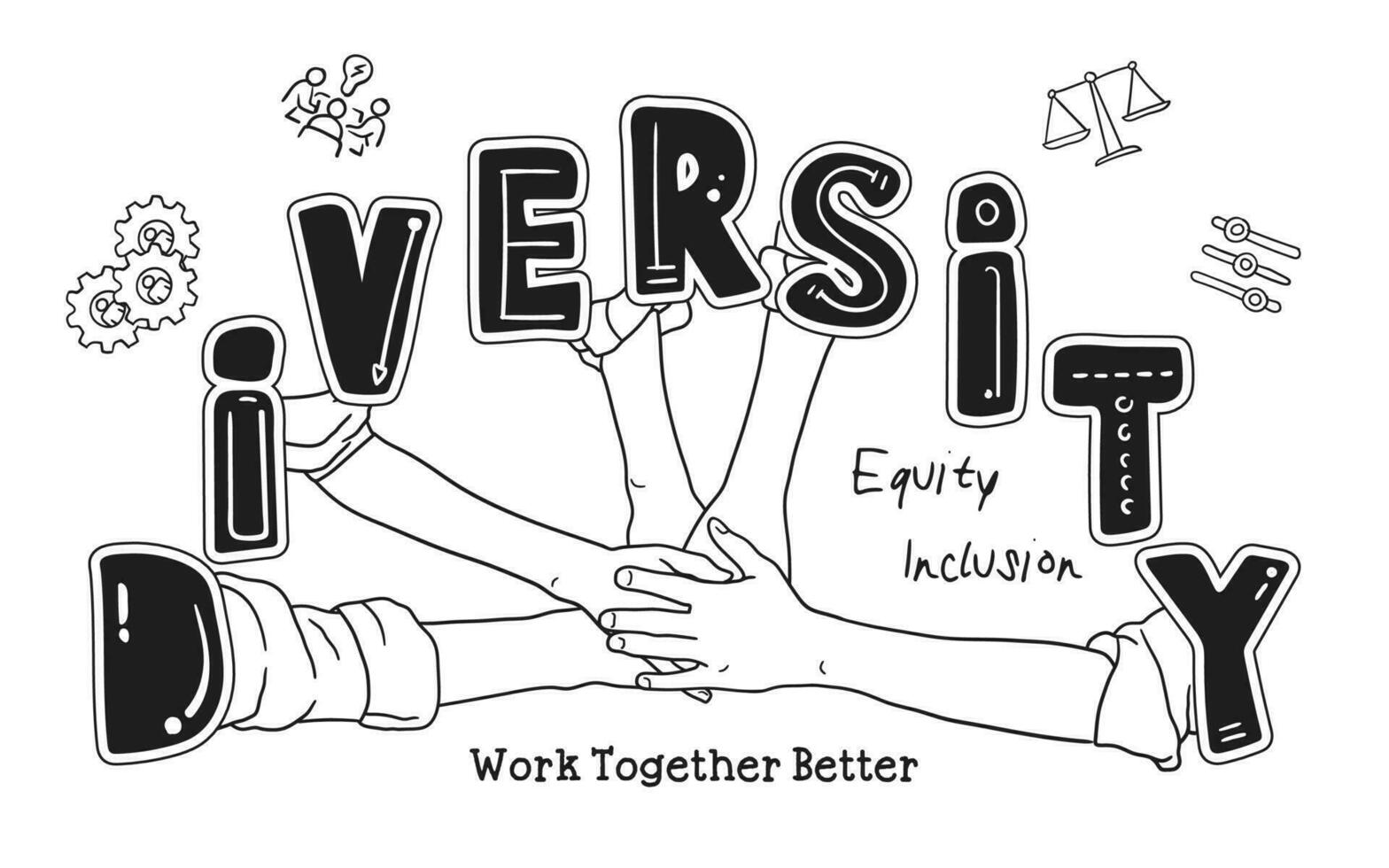 A group of people holding hands in front of a sign that says DIVERSITY. Black and white vector illustration