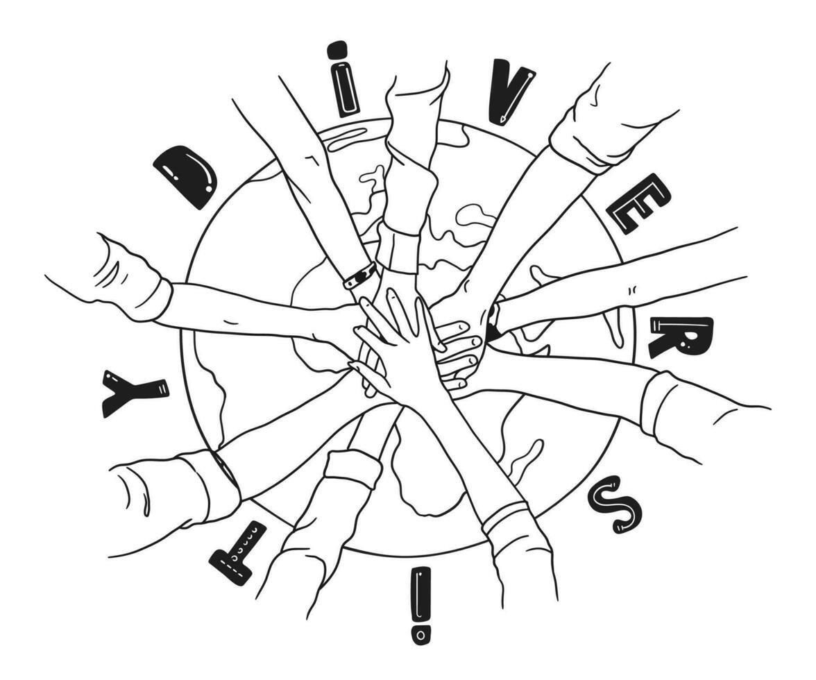 Group of hands on top of each other, diverse multiethnic joined hands, vector line art