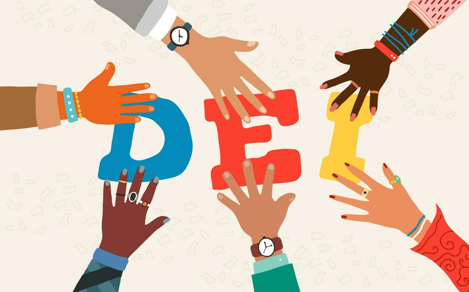 The Power of Teamwork. A group of people forming the word DEI with their hands. vector