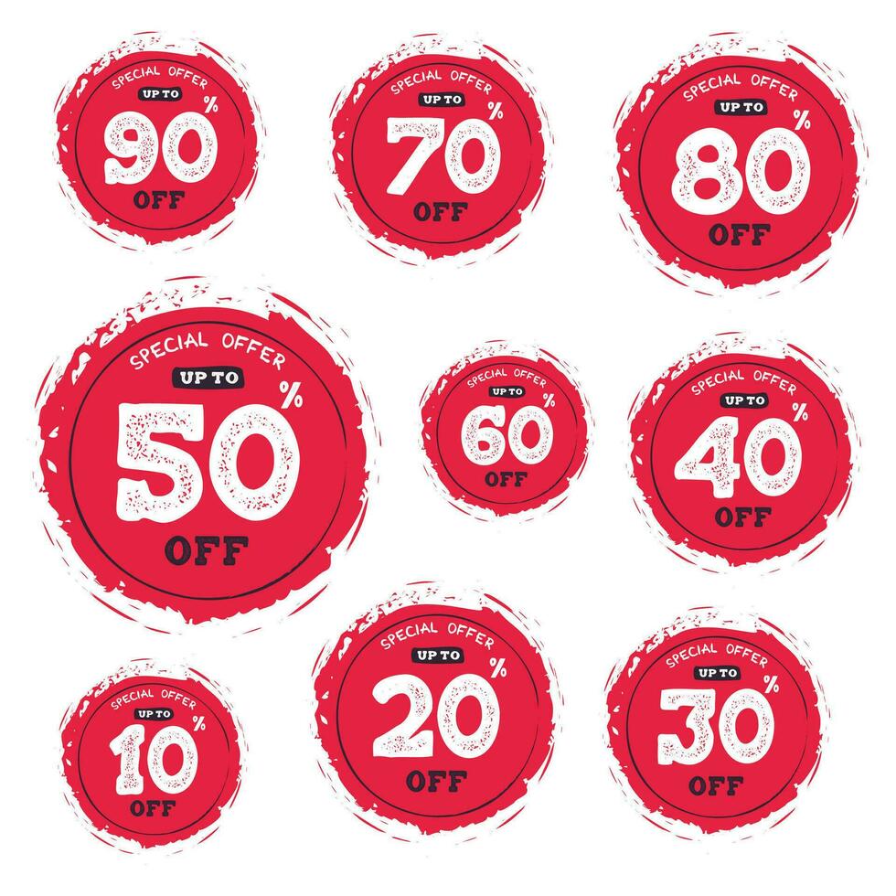 Set of red sale stickers with different percentages. Sale Stickers Vector Illustration