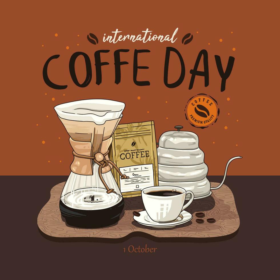 internacional café día vector ilustración. caracteristicas un café fabricante, un taza de café, y un bolso de café frijoles