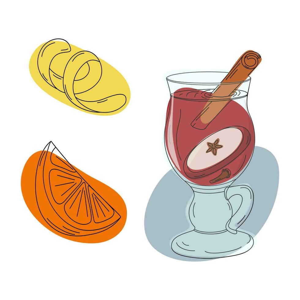 Mulled wine with cinnamon stick, apple and orange slice, lemon zest and colorful spot in trendy hues vector