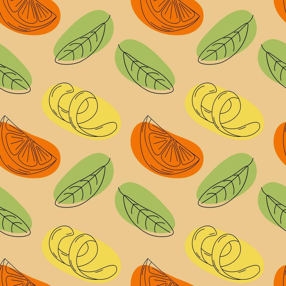 Endless pattern of abstract images of lemon zest, orange slice and green leaf with abstract spots vector