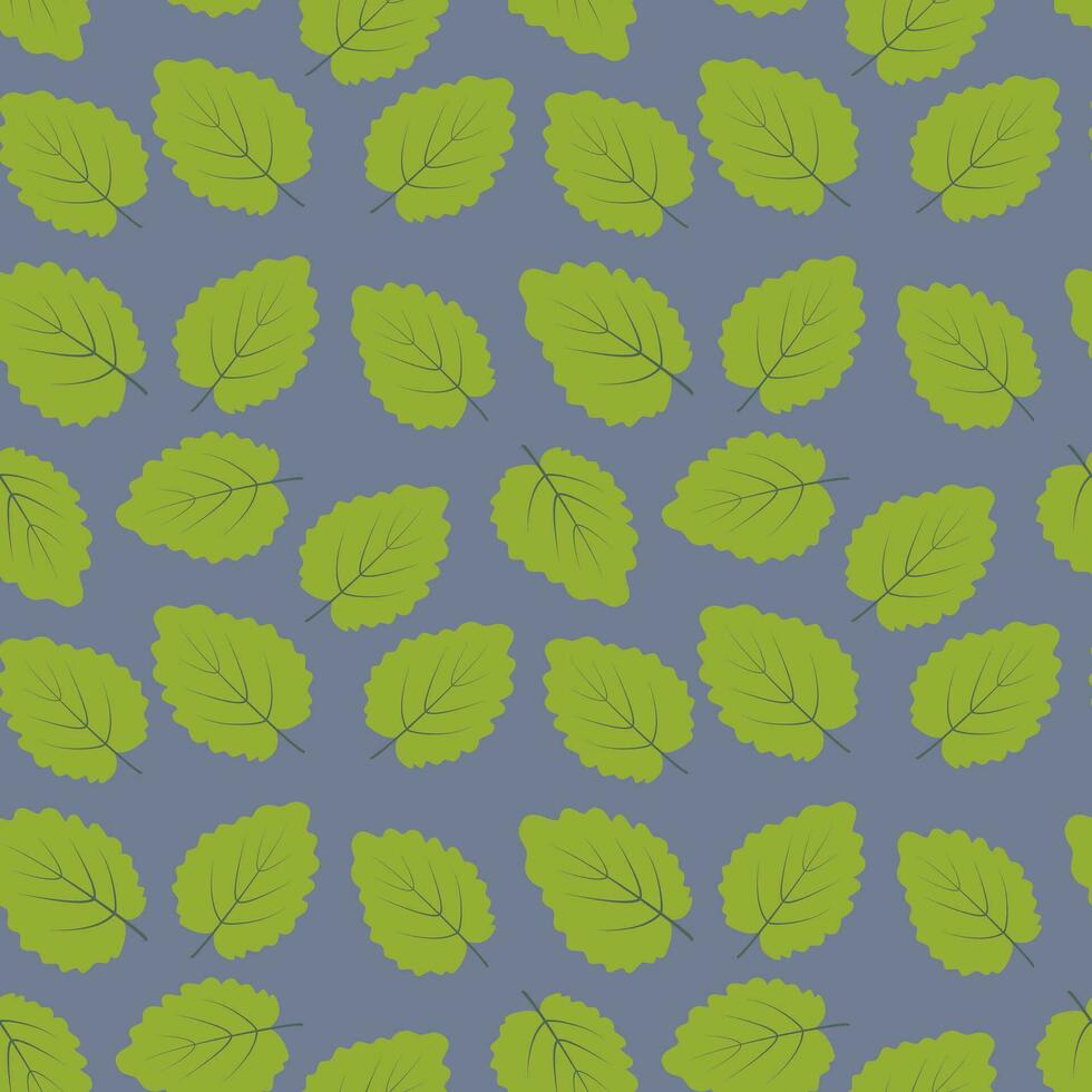 Seamless pattern of green leaves on a blueberry backdrop in trendy hues. Abstract background texture vector