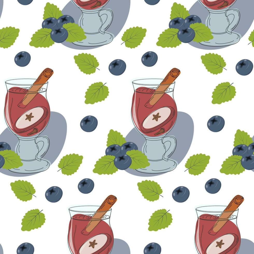 Seamless pattern of blueberries and glass of mulled wine with cinnamon stick, apple slice and leaves vector