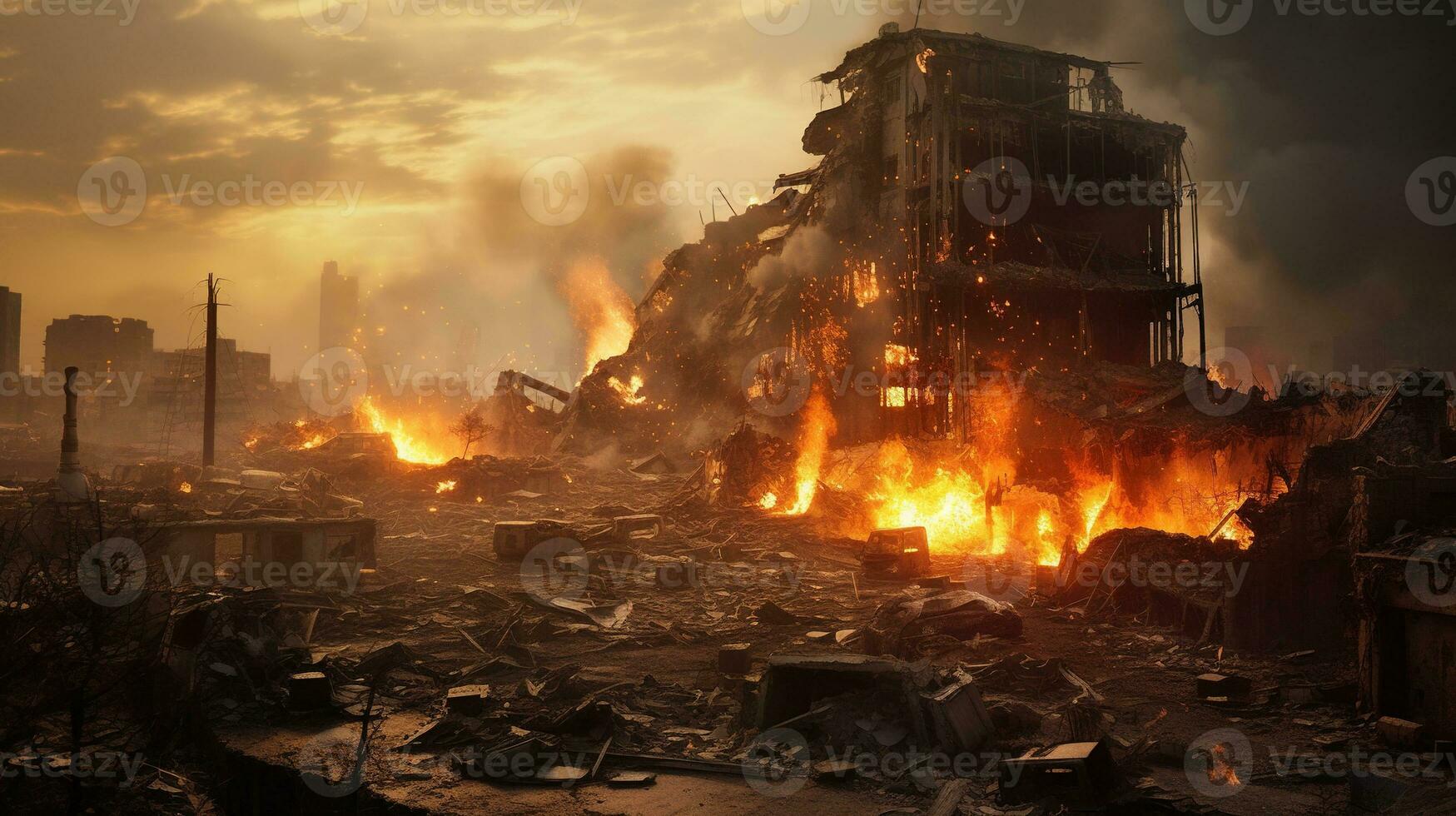 Generative AI, Destruction in the city, burned town street with no life, apocalyptic scene photo