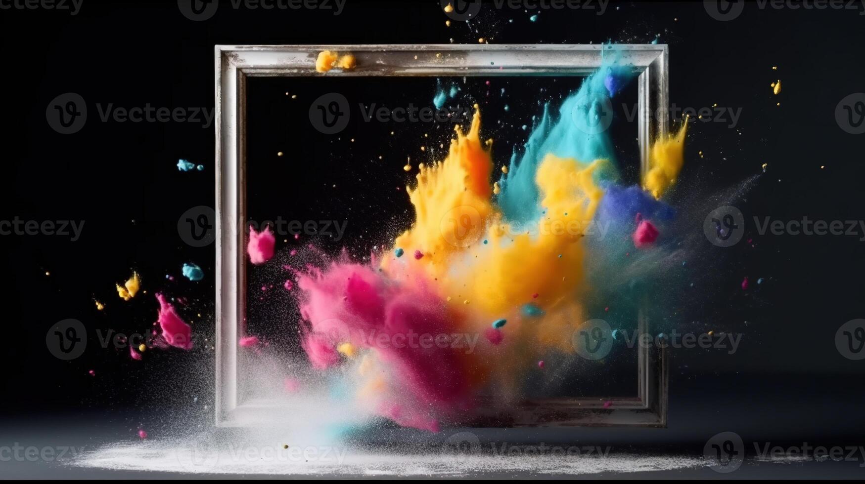 Generative AI, Frame with colorful holi powder paint explosion, creative splash, multicolor cloud photo