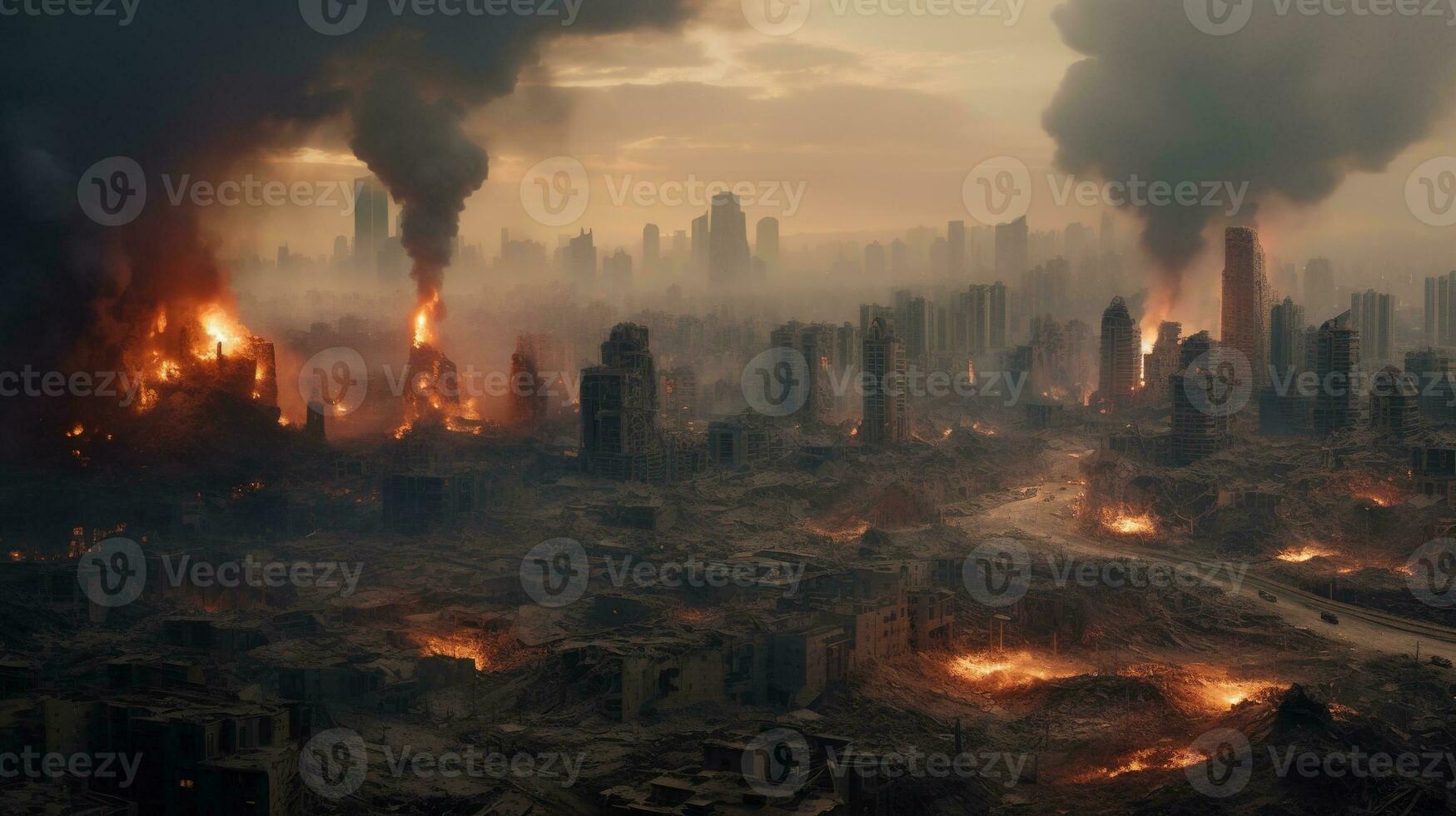 Generative AI, Destruction in the city, burned town street with no life, apocalyptic scene photo