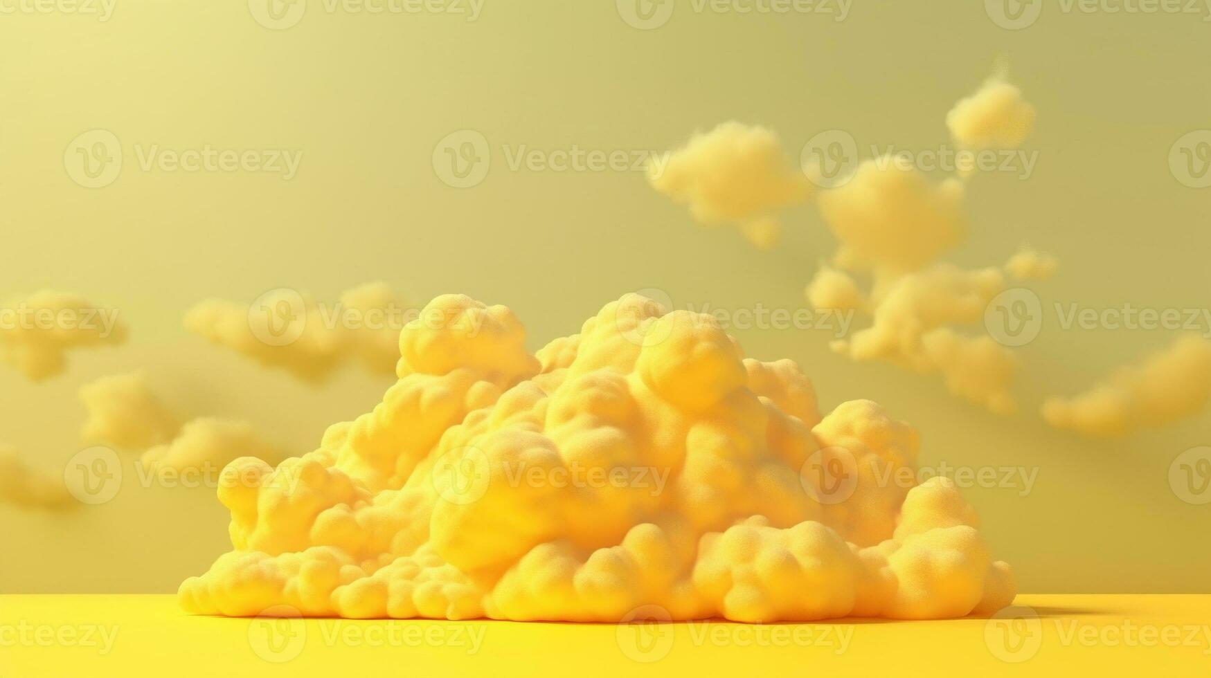 Generative AI, Light yellow fantastic 3d clouds on the floor, sky and landscape. Gentle colors and with bright lights. photo