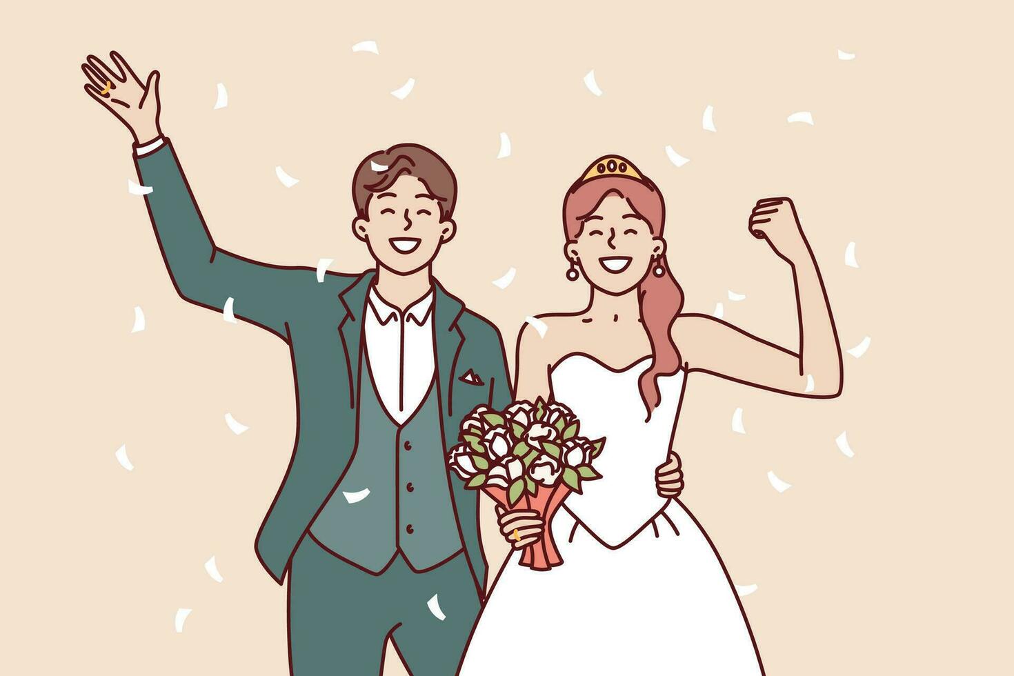 Wedding bride and groom with bouquet waving hand during festive marriage ceremony. Happy man and woman are proud of creation of new family and greet relatives or friends attended wedding celebration vector