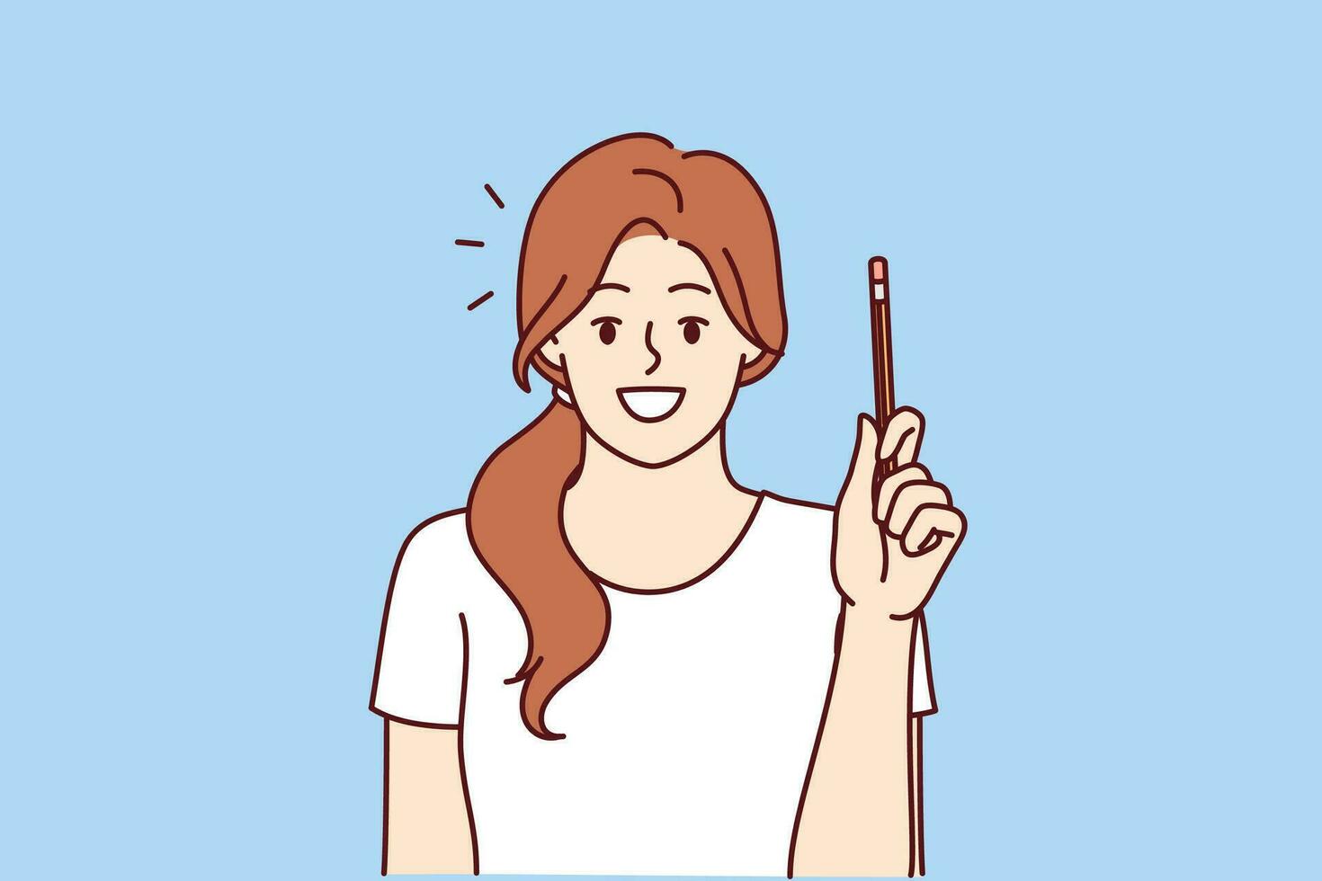 Happy woman has come up with new idea and is holding up pencil to share thoughts and discuss topic. Young inspired girl with smile looks at screen, recommending listening to cool idea to improve life. vector