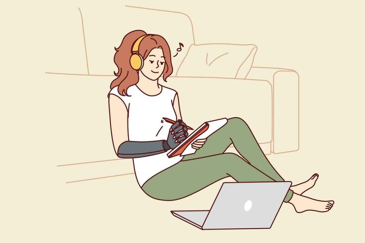 Woman with bionic prosthetic arm sits on floor near sofa and makes notes in notebook. Girl with prosthesis listens to music in headphones and smiles, for concept of love of life or vitality vector