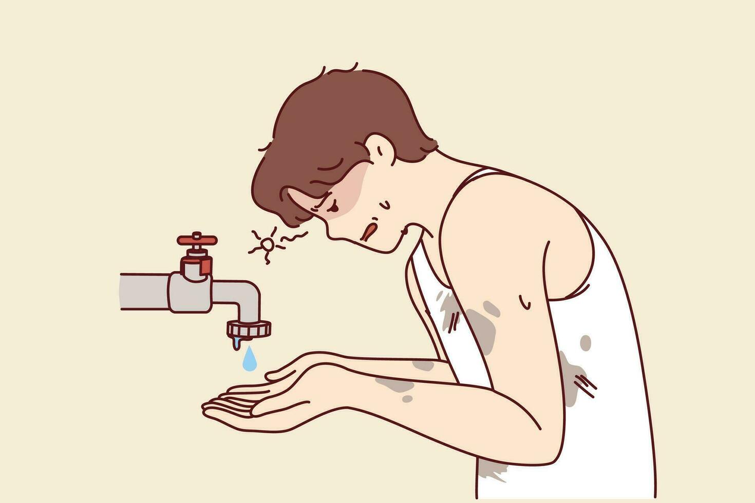 Emaciated guy near faucet with dripping water is trying to survive during drought and wash or saved from thirst. Problem of drought and lack of access to fresh water causing ecological disaster vector