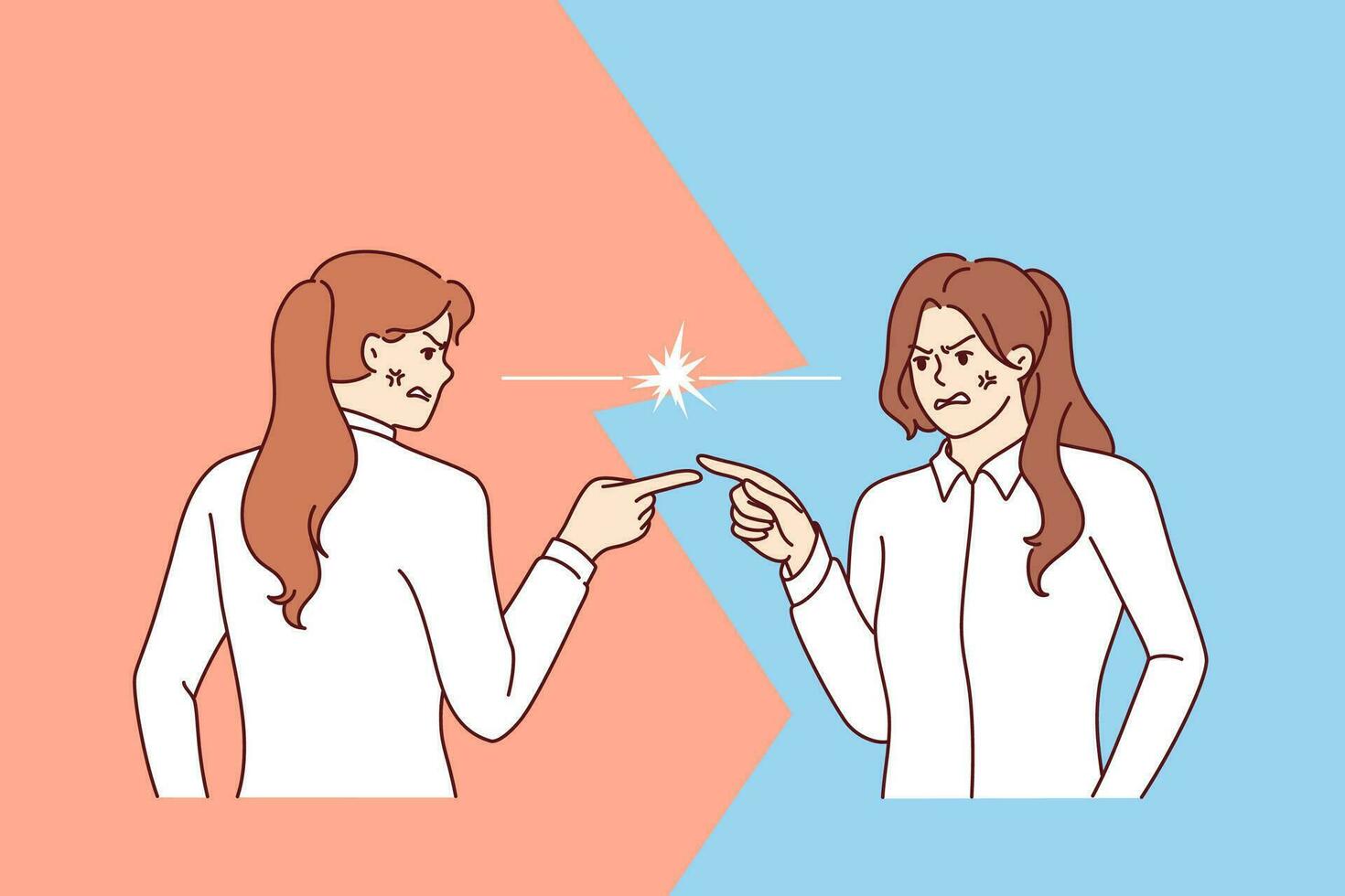 Angry women argue and point fingers at each other, blaming colleague for making mistake at work. Aggressive female rivals with angry facial expressions are in conflict vying out relationships vector