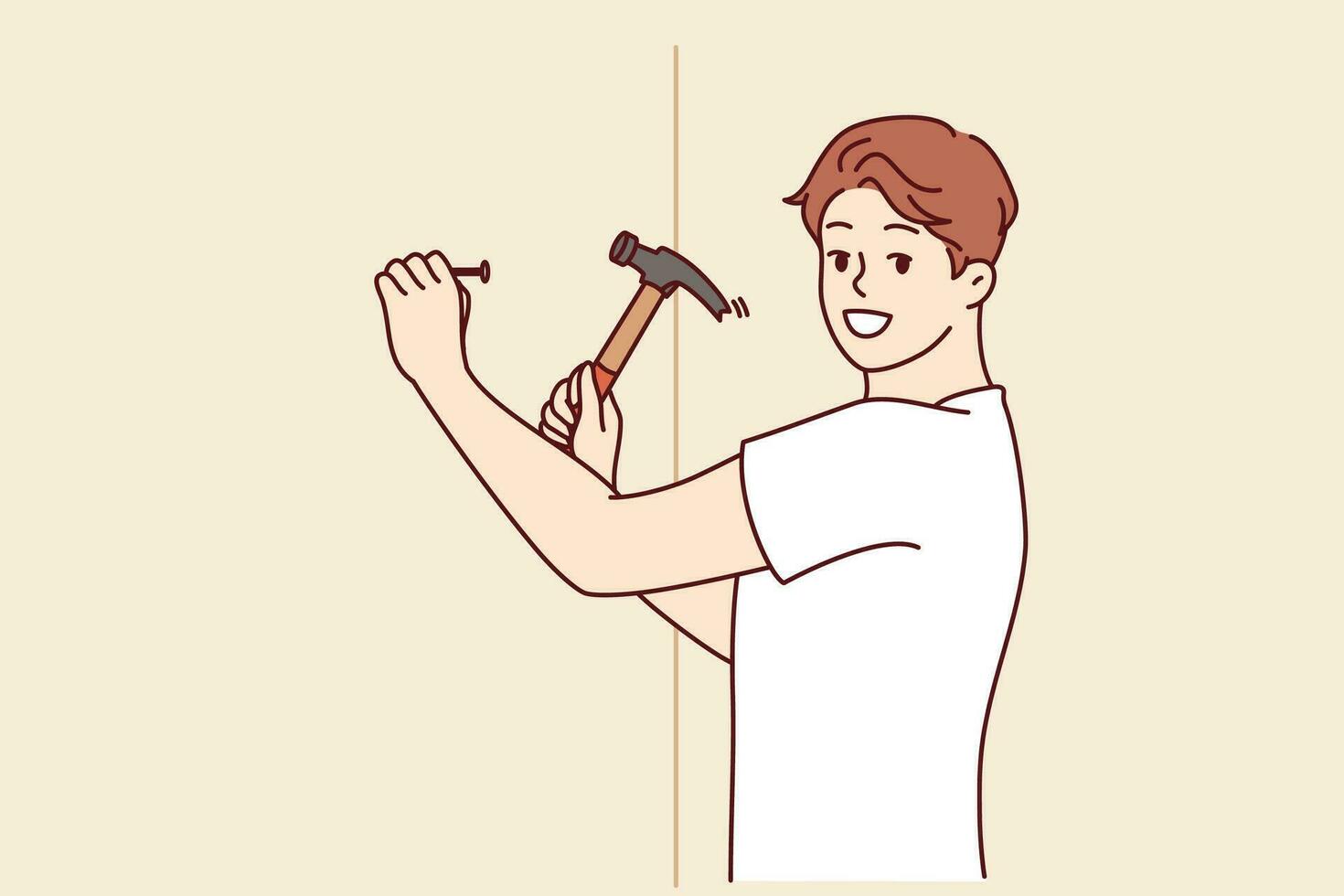 Man with hammer makes repairs in house by hammering nail into wall to hang picture. Young guy is doing repairs to improve interior of apartment or install new shelf to accommodate personal items. vector