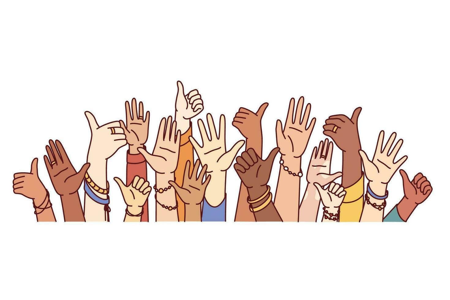 Hands of diverse people showing thumbs up or greeting gestures symbolize unity and harmony in society. Hands of crowd multiethnic men and women united to fight against discrimination and intolerance vector
