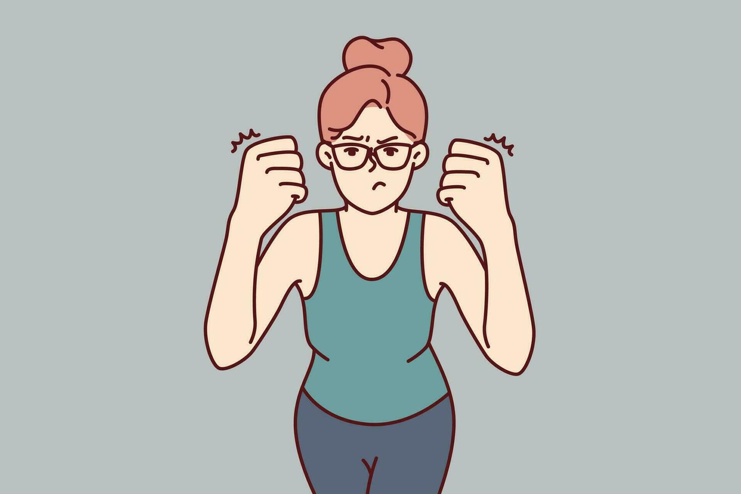 Woman clenches fists demonstrating willingness to fight and feeling desire to beat offender because of insult or aggression. Strong girl in glasses looks at screen showing aggression and hatred vector