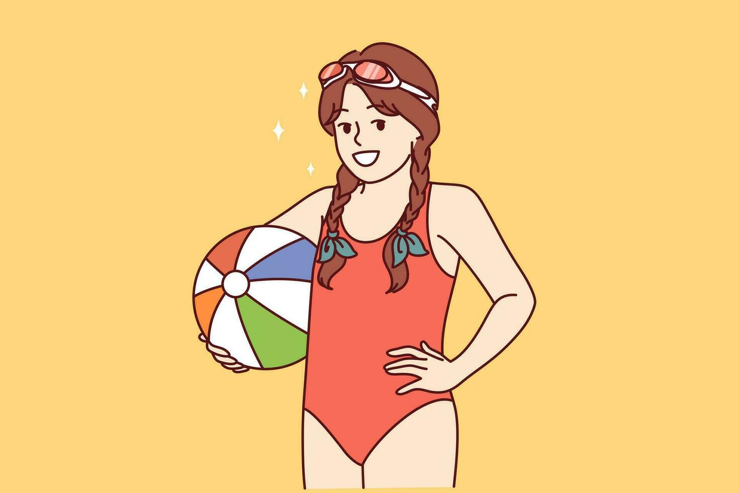 Little girl with water volleyball ball is dressed in bathing suit for visiting pool or beach. Happy child rejoices at opportunity to visit aqua park and leave ball in children pool vector
