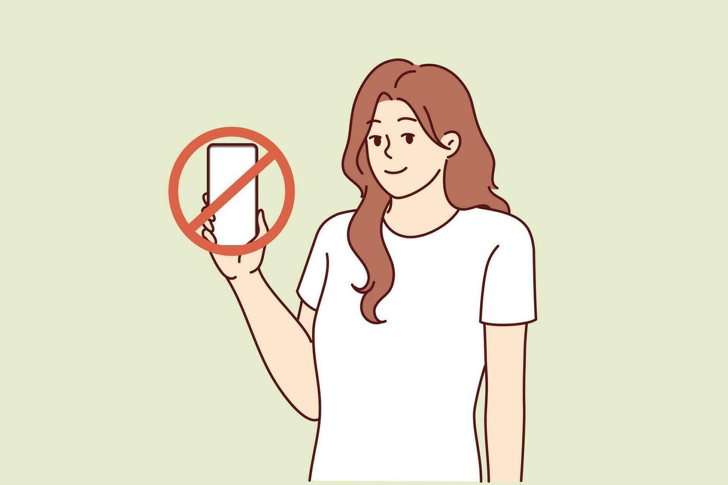 Crossed-out phone in woman hand symbolizes ban on use of mobile gadgets to maintain privacy. Young girl recommends giving up phone to protect against leaks of confidential information. vector