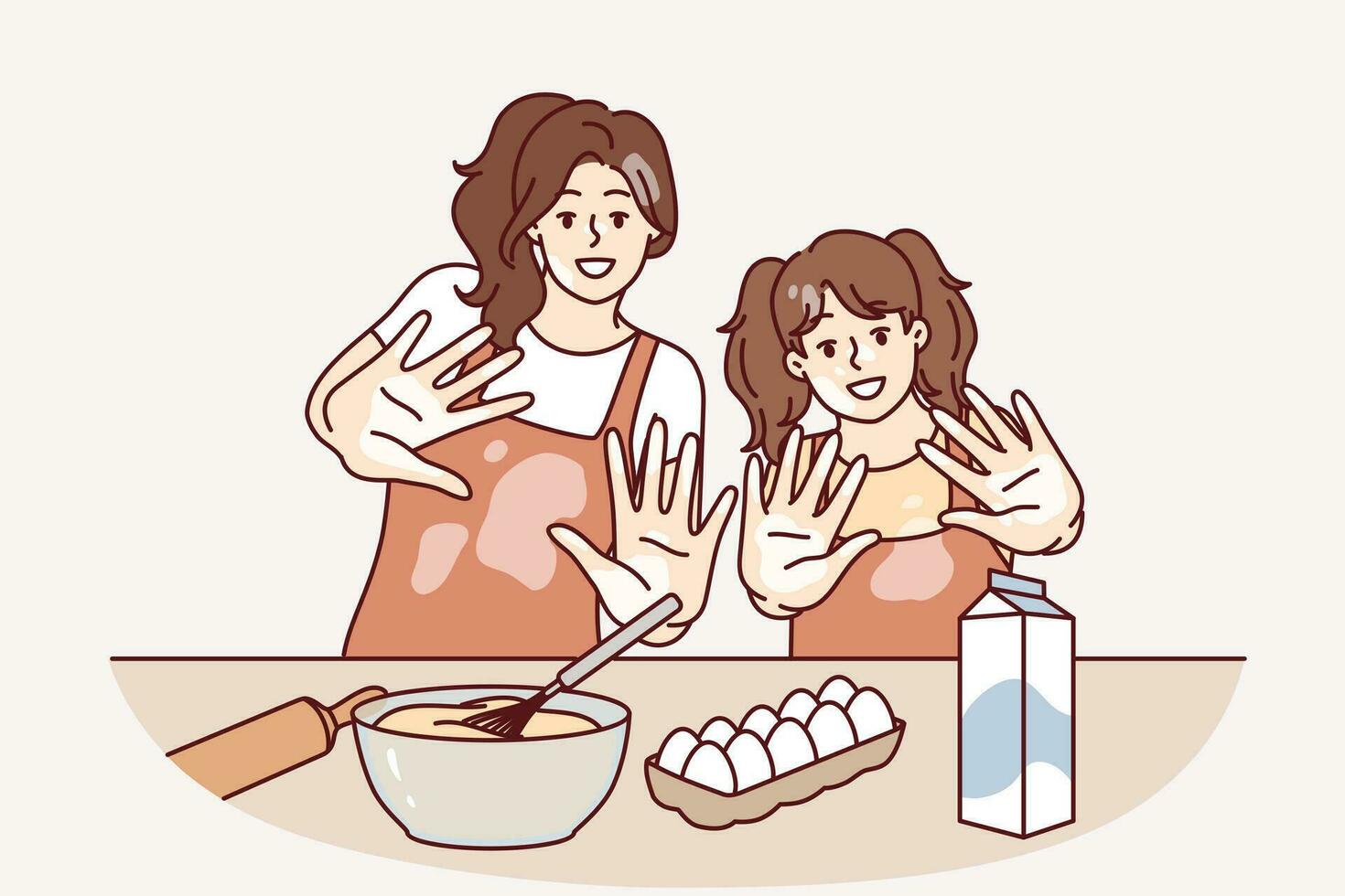 Mom and daughter are preparing breakfast or pastries and with smile show palms stained with flour. Woman brings up little girl teaching how to cook pastries from dough and enjoys raising child vector