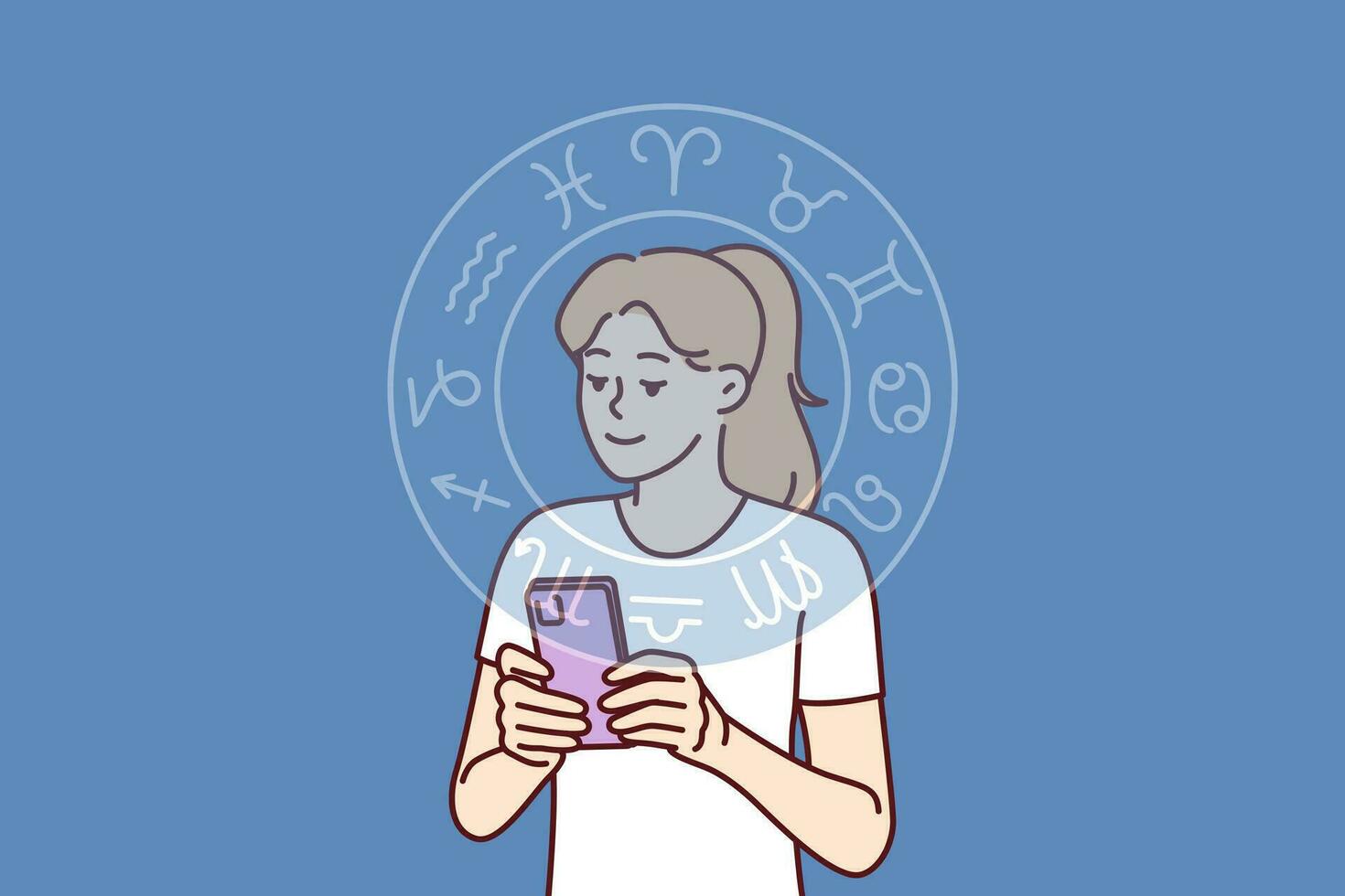 Woman reads astrological horoscope forecast on phone or finds out compatibility with zodiac signs. Horoscope wheel near girl with smartphone using mobile application with aracul predicting future vector