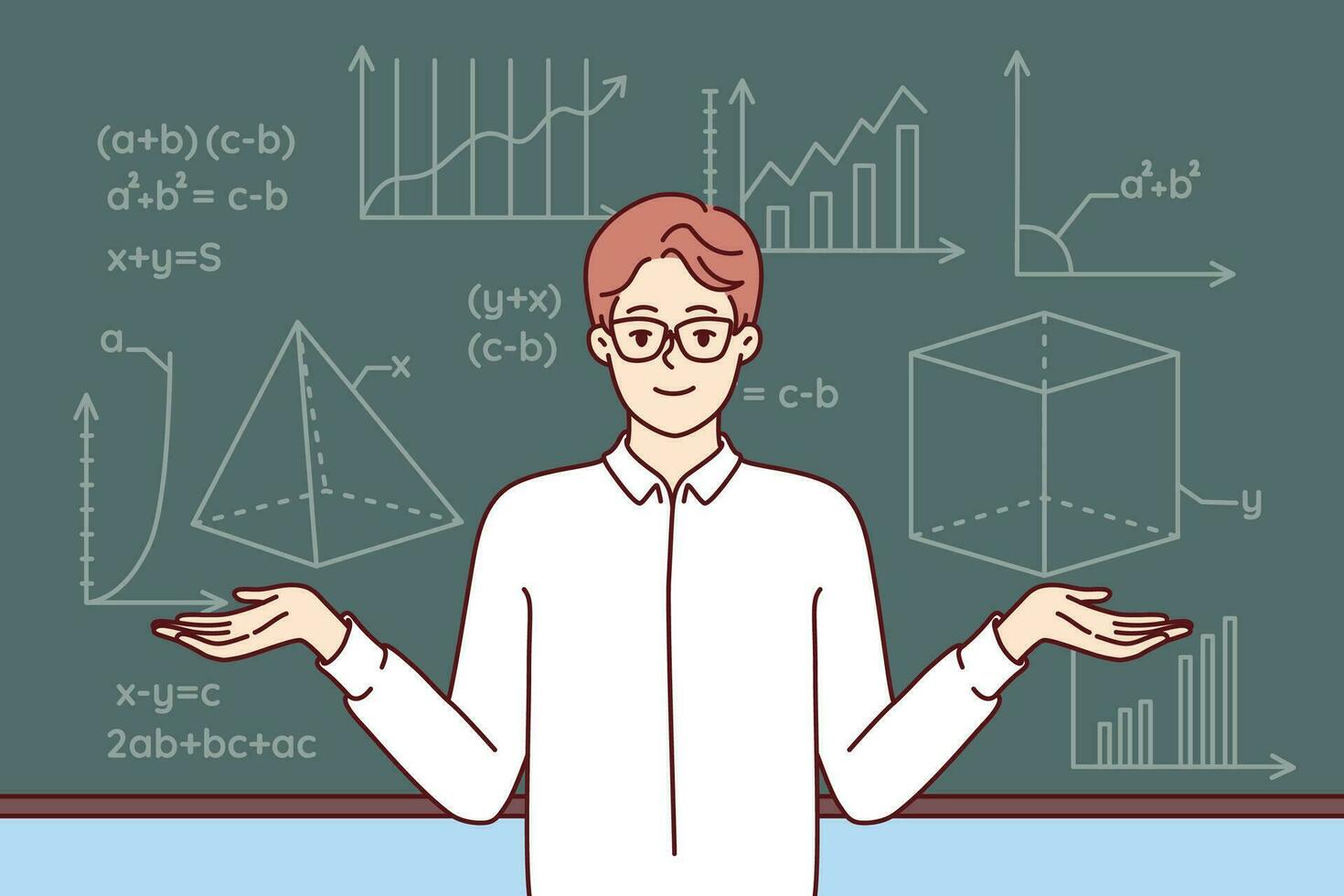Man mathematics teacher stands near school blackboard with formulas and geometric drawings. Young smart professor in white shirt and glasses works at university studying science of mathematics vector