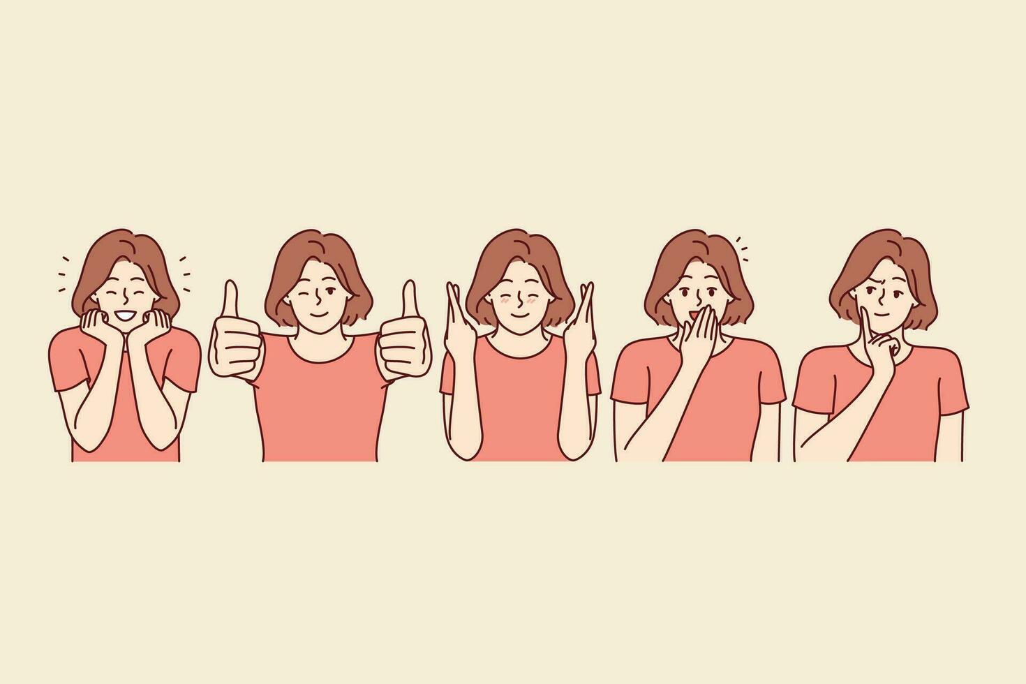 Woman makes happy facial expressions and approving gestures to share good mood and joyful emotions. Set of everyday girls experiencing happy and euphoria or joy from fulfillment of dream vector