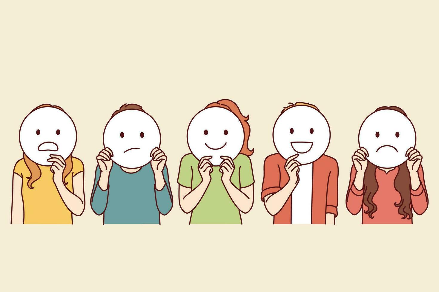 Group of people hide emotions by showing different emoticons with different mental moods. Focus group of men and women demonstrating feedback about product or service during market research vector