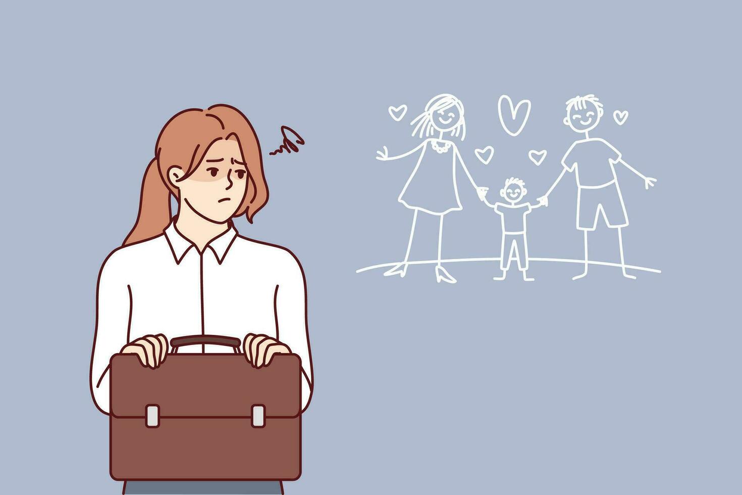 Frustrated business woman suffers dreaming of family life with husband and child. Frustrated businesswoman with briefcase is stressed due to lack harmony and balance between career and personal life vector