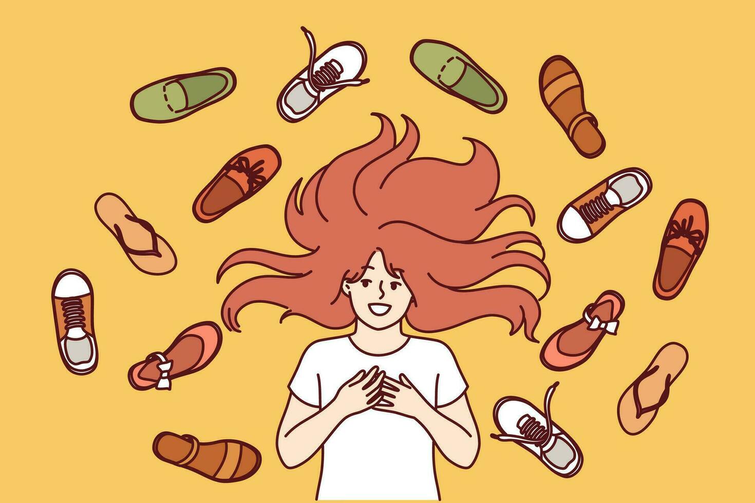 Happy teenage girl lies among shoes scattered on floor, choosing what to wear for walk in park. Little fashionista with long hair cant decide on shoes due to large assortment in fashion store vector