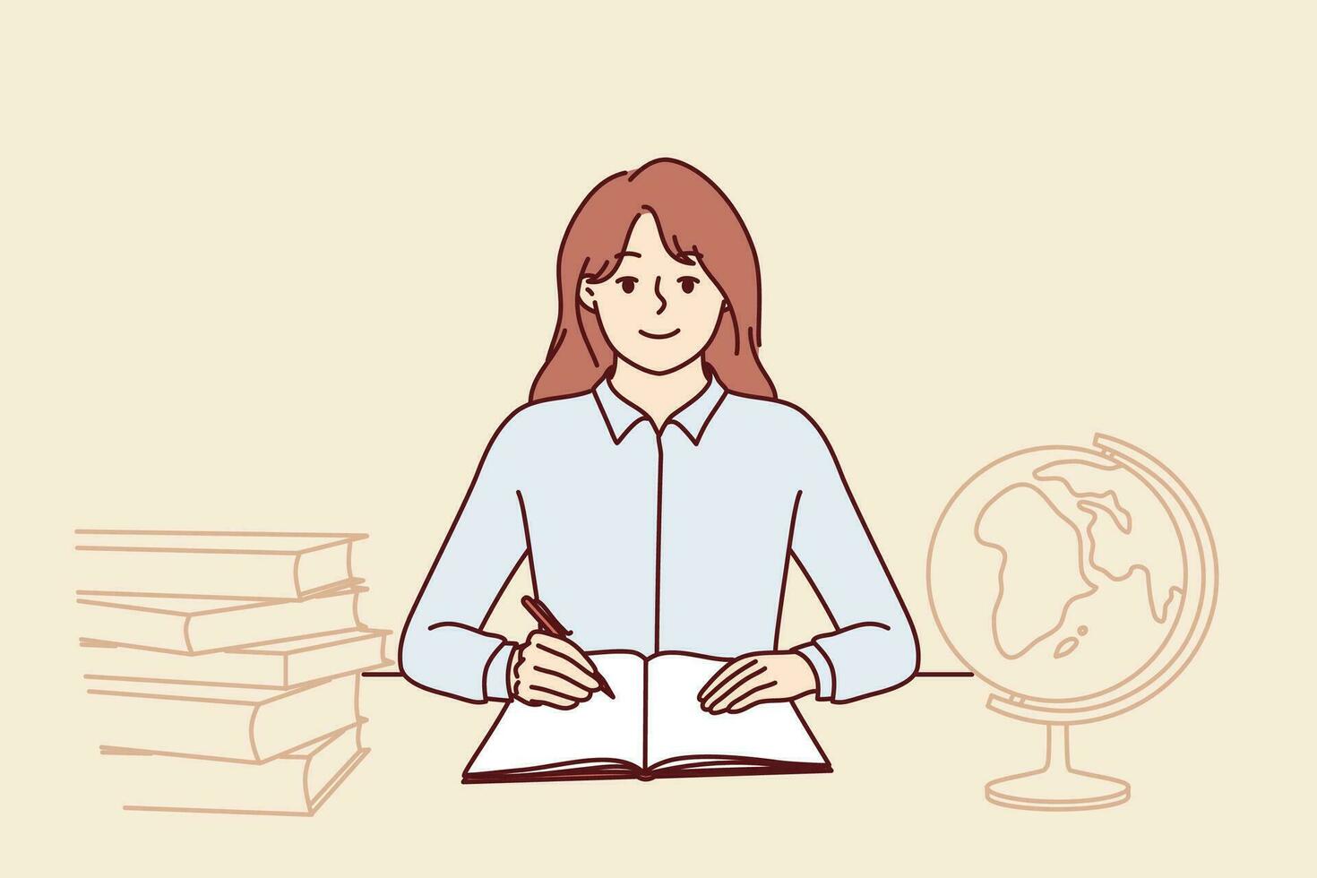 Teenager girl sits at school desk with globe and books to gain new knowledge and quality education. Schoolgirl studying in elementary school is happy to do homework given by teacher in geography vector