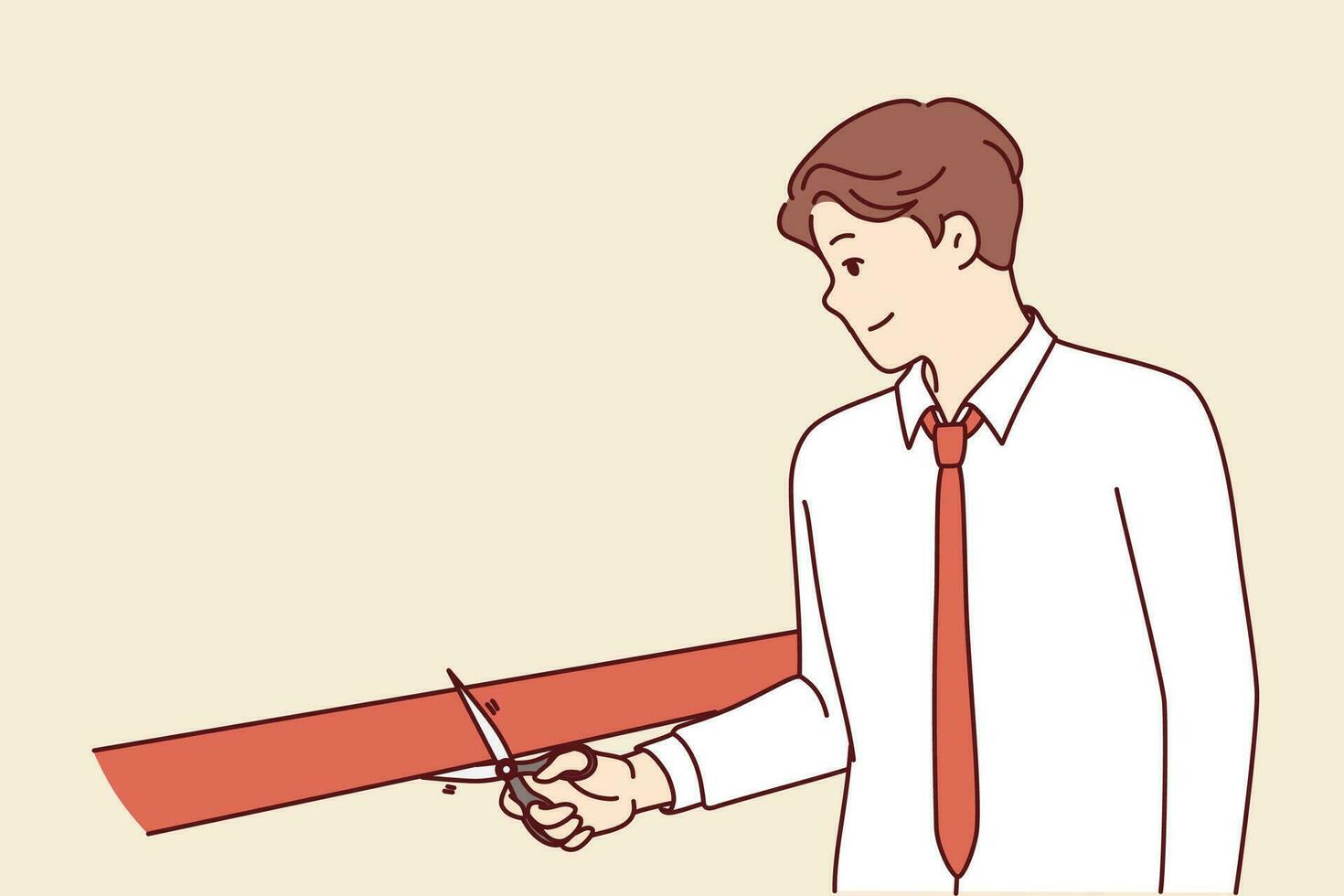 Man cuts red ribbon at ceremony to celebrate opening of new store or restaurant. Businessman participates in solemn ceremony of launching enterprise after long repair and equipment upgrade vector