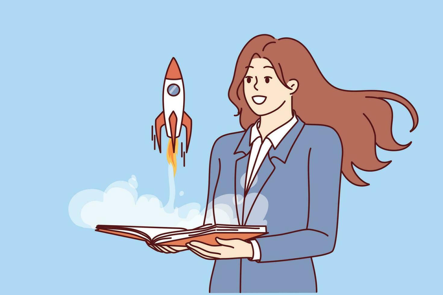 Businesswoman near rocket taking off from book symbolizing development of company or successful career in large corporation. Woman launches startup to develop space tourism and orbit tours vector