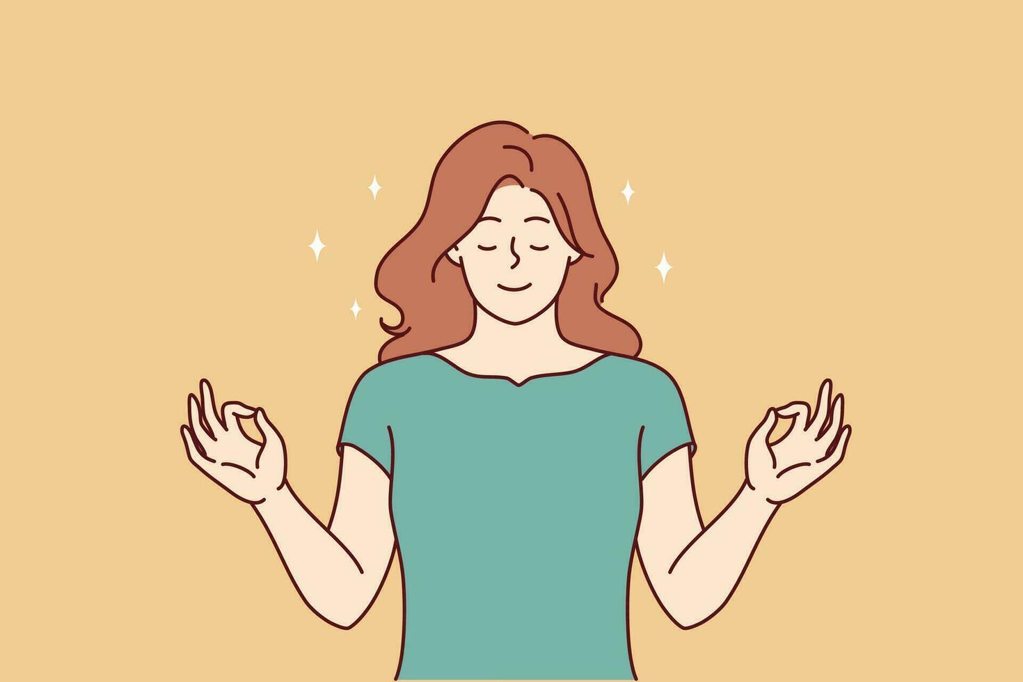 Serene woman meditating making mudra gesture and practicing yoga to bring thoughts in order. Serene girl stands depicting meditative mudra with hands to purify thoughts and emotions. vector