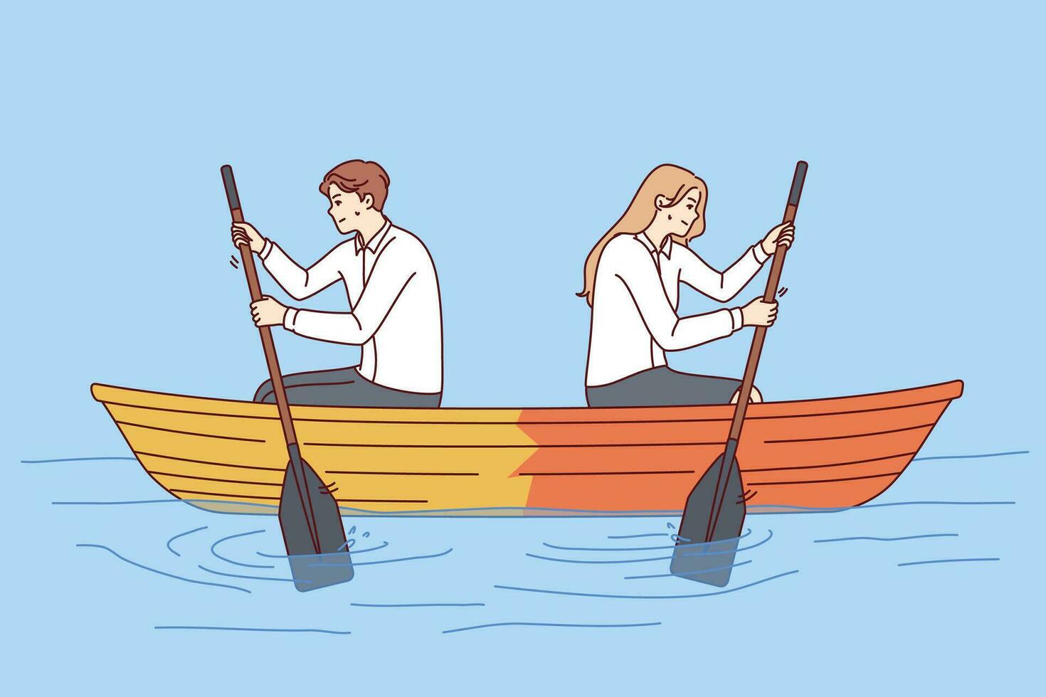 Disagreement in team company sitting in wooden boat and mushrooming with oars in different directions. Man and woman office employees experience disagreements that negatively affect business processes vector