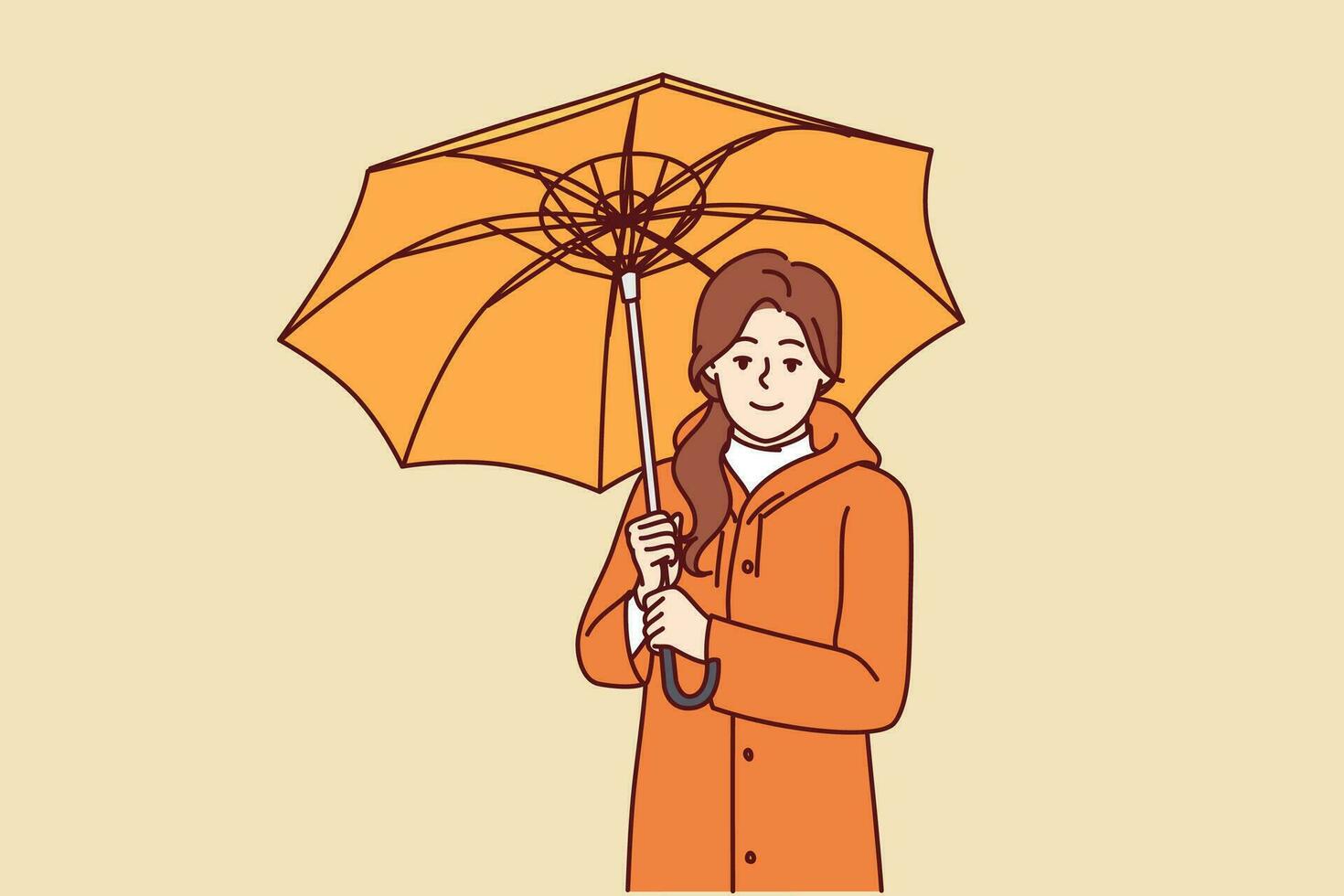 Woman with umbrella is dressed in oilcloth coat so as not to get wet from rain on autumn walk. Happy girl holding umbrella and looking at screen offering to take walk during rainy weather vector