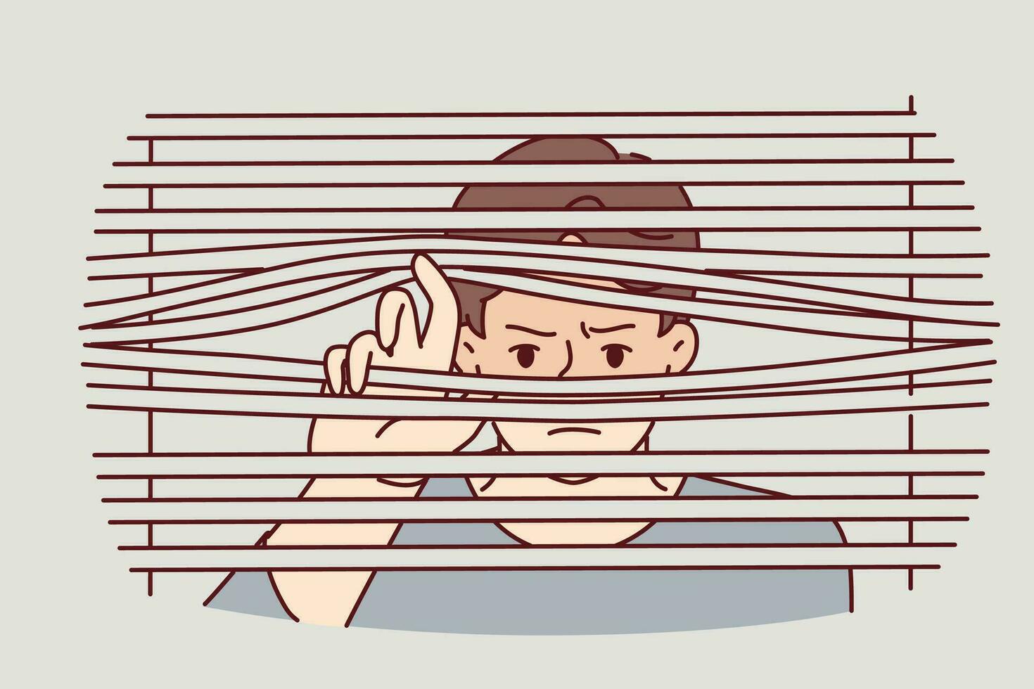 Man peeks through closed blinds to follow neighbor or find out secret information that is being hidden from him. Guy with suspicion and fear looks out window suffering from paranoia or schizophrenia vector