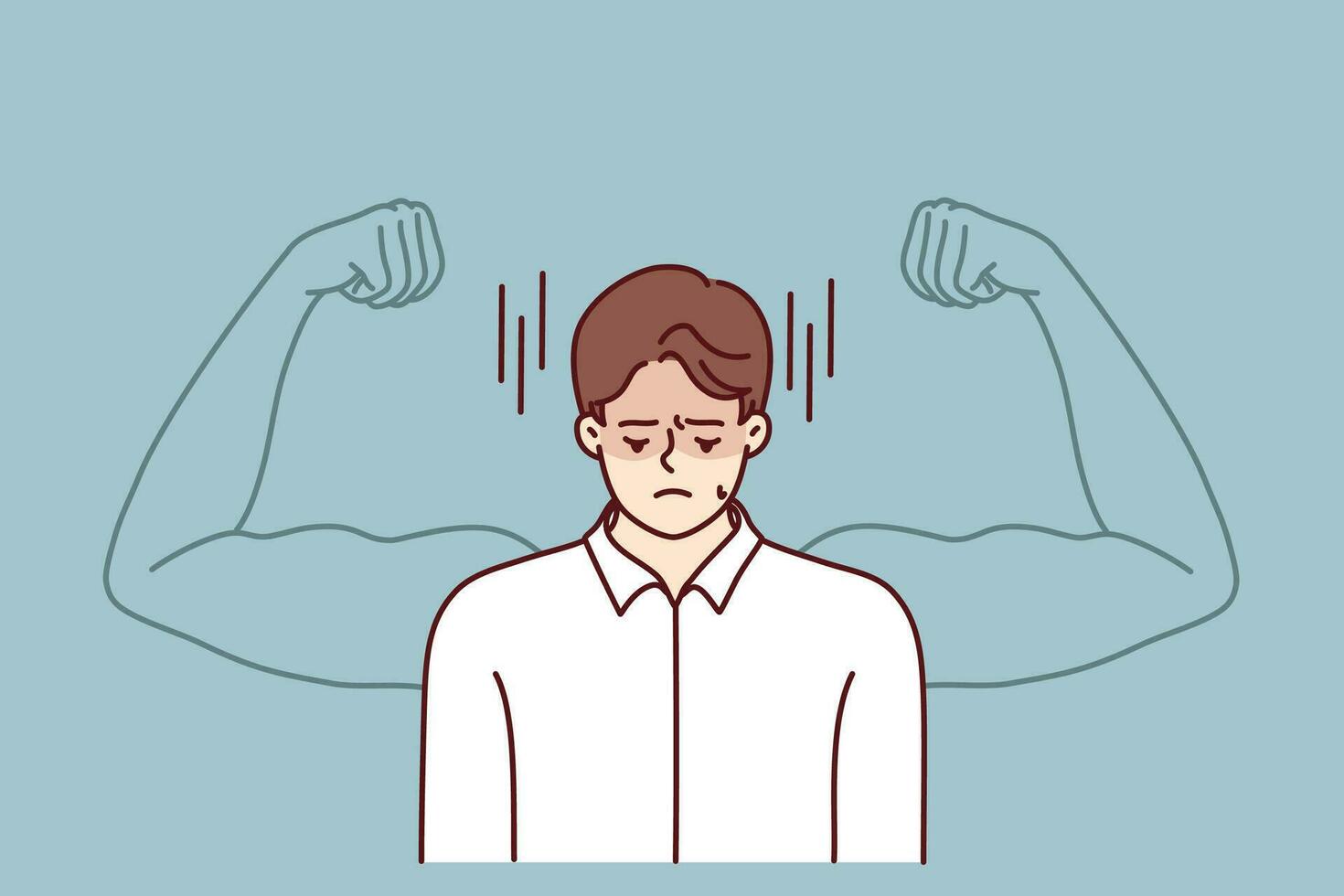 Frustrated man wants to get strong to have muscular arms with big biceps and needs help of fitness trainer. Frustrated businessman cries because of lack of determination and skills for career success vector