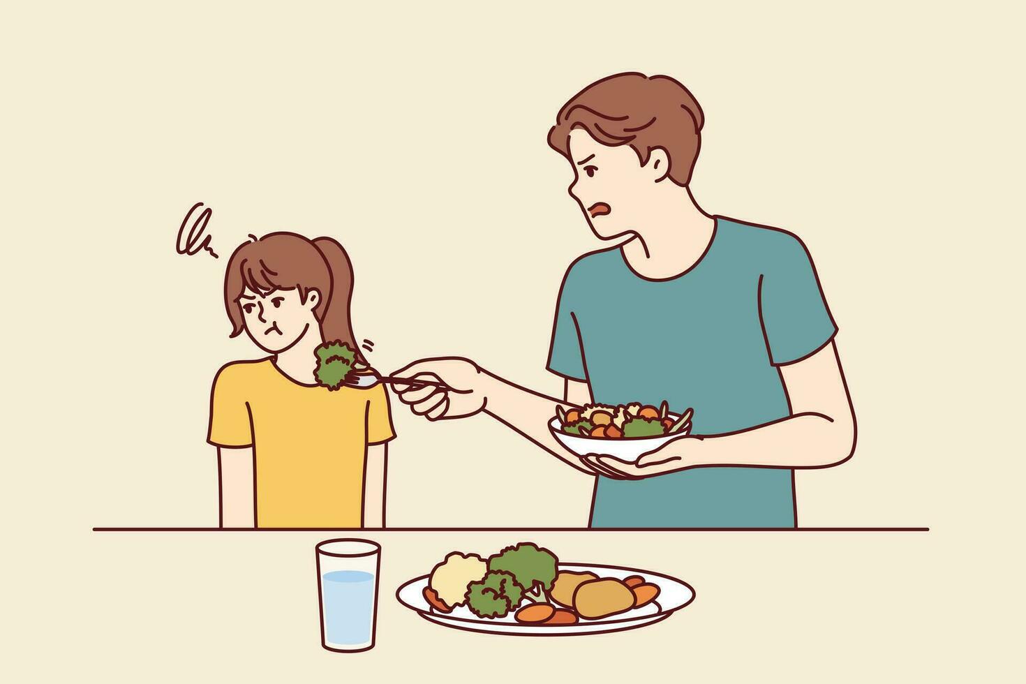 niño lo hace no querer a comer ensalada y verde vegetales en pie cerca padre molesto a enseñar hija comer sano alimento. testarudo Adolescente niña se niega sano vegetales y vueltas lejos. vector