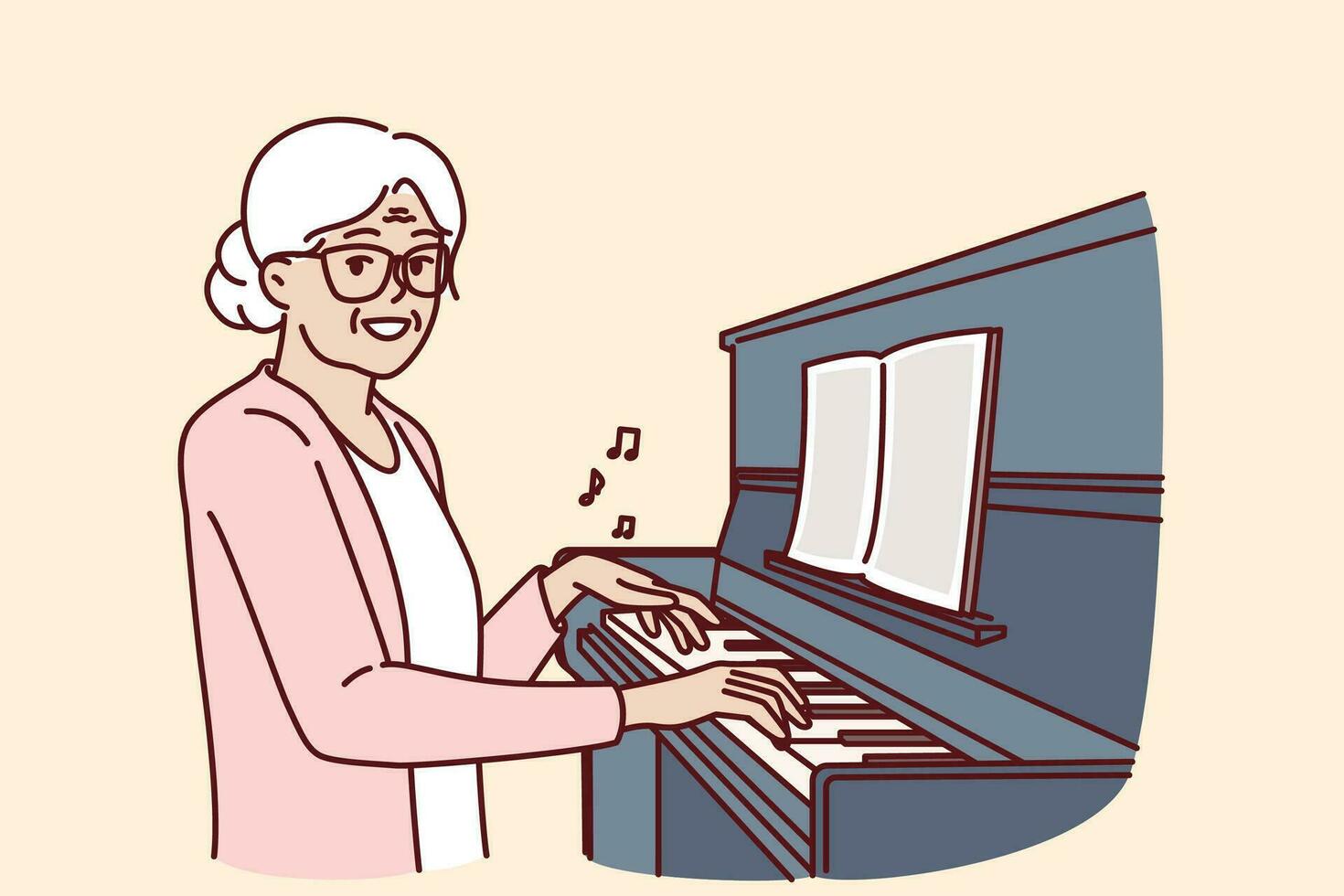 Elderly woman plays piano and smiles, rejoicing at presence of creative hobby. Happy grandmother sitting near pianoforte or piano and doing tutoring and learning to play musical instruments vector