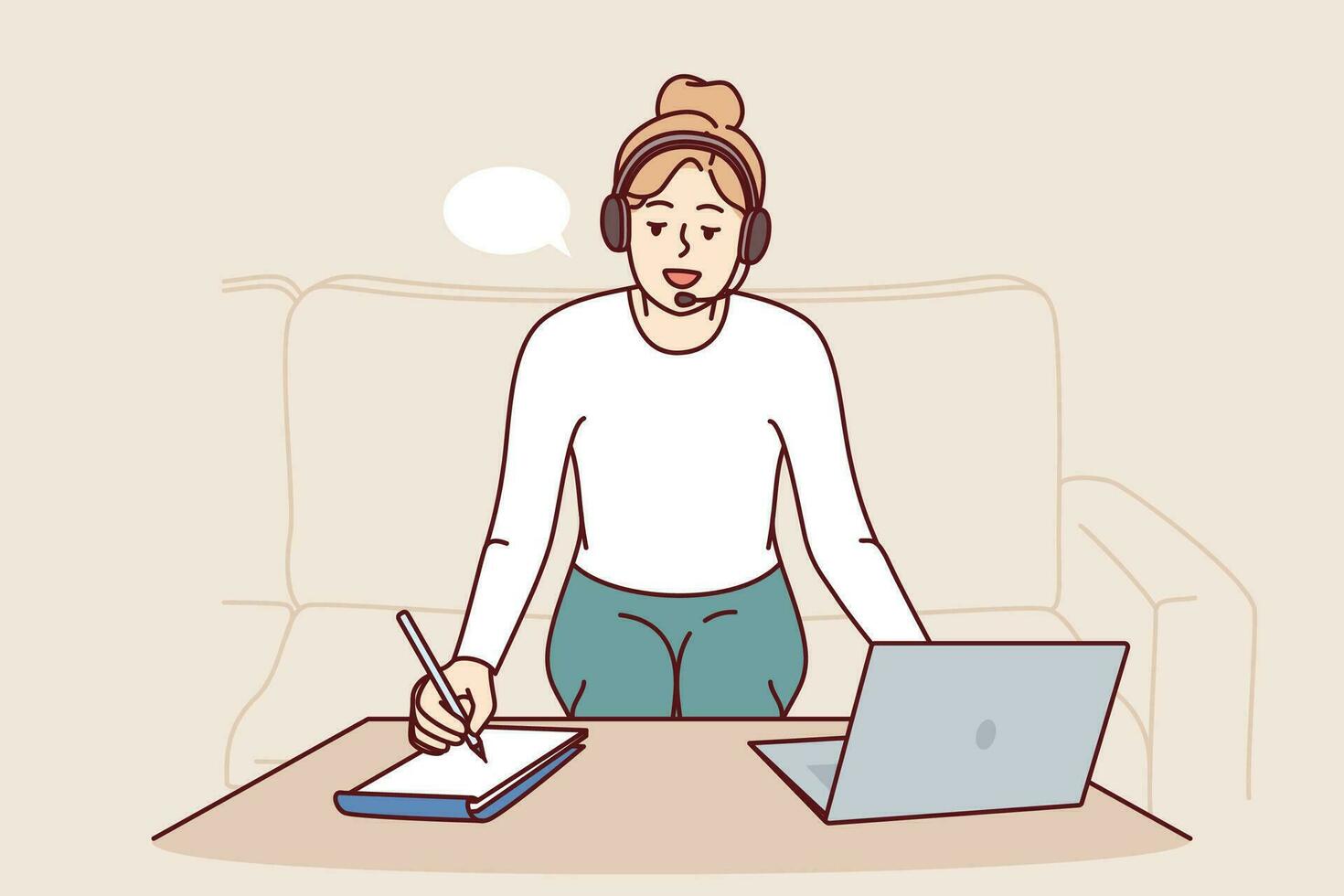 Woman freelancer with headset working from home sitting on sofa near table with laptop and making notes on paper. Freelancer girl makes remote career as translator or support specialist vector