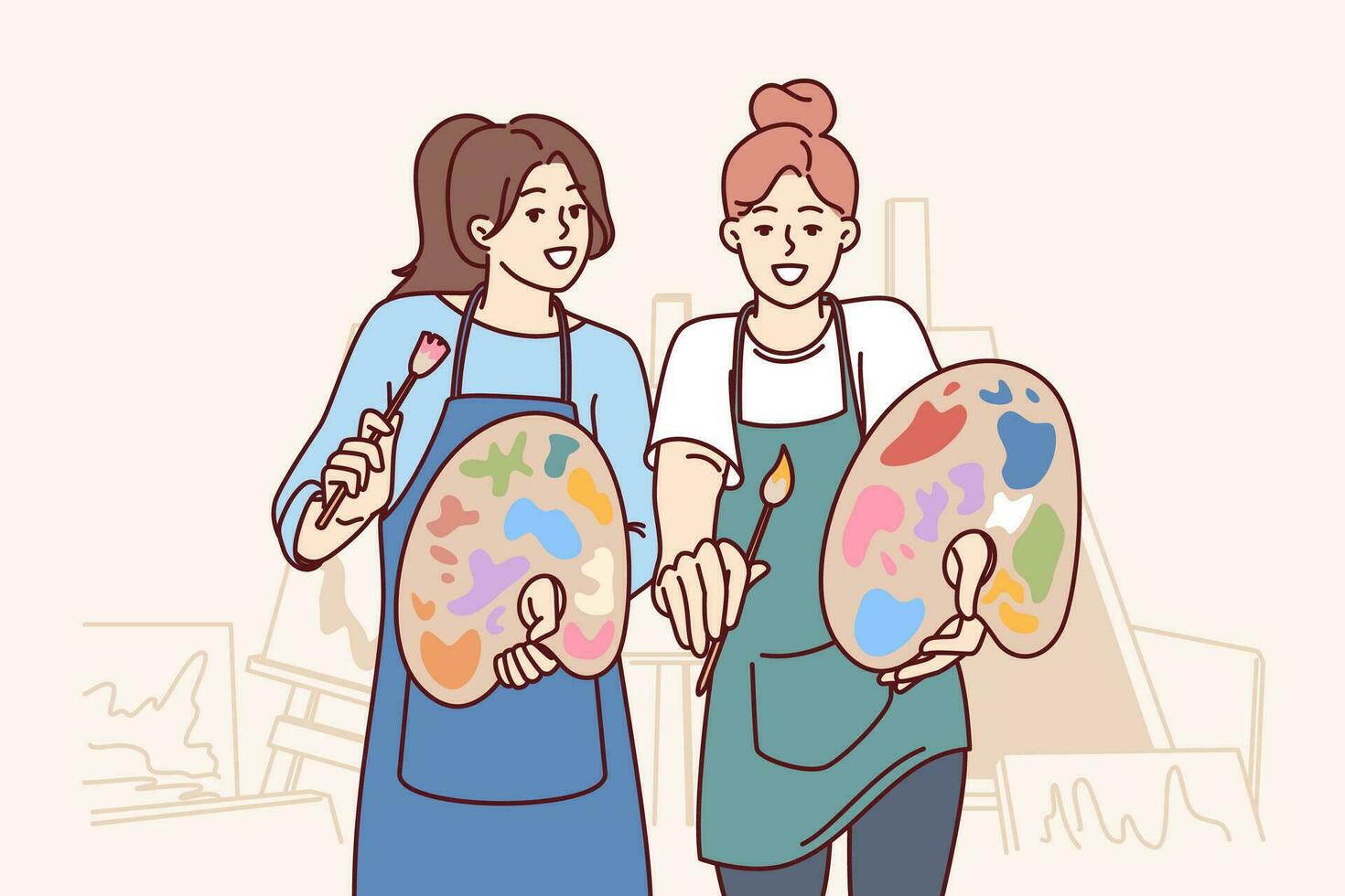 Two women artists hold brushes and palettes standing in workshop with easels to create artworks. Friendly girls creating artworks smiling looking at screen enjoying favorite hobby. vector