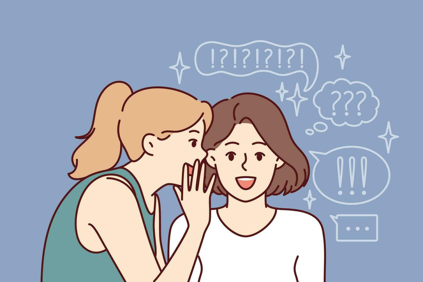 Women gossip and share secrets, whispering overheard news from lives of colleagues or information from yellow press. Girls gossip and discuss life of celebrity standing near dialogue bubbles vector