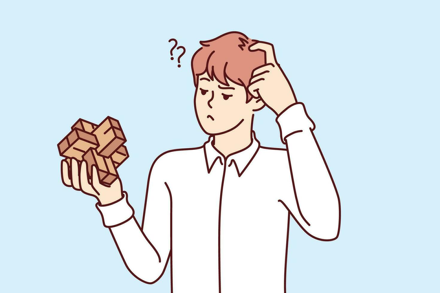 Puzzled man with puzzle toy scratches head and does not know how to solve assigned task. Dumb young male holding puzzle in hand and needs help due to low intelligence and IQ level. vector