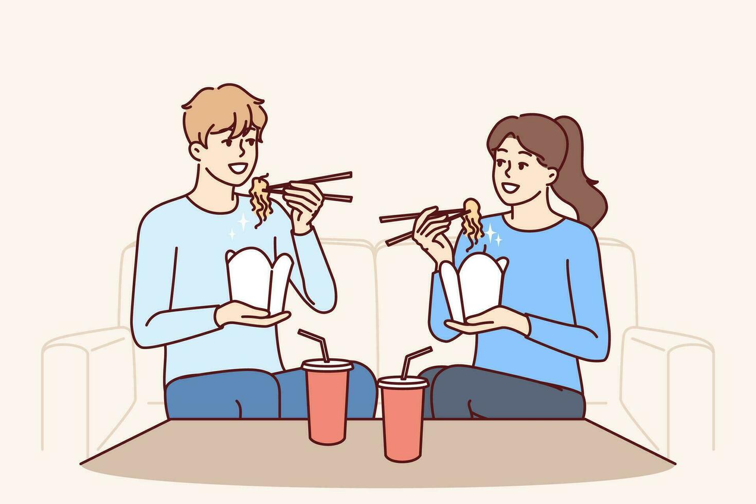 Couple eat boxed wok noodles sitting on couch using chopsticks delivered from chinese restaurant. Man and woman are eating asian fast food and enjoying taste of wok bought in takeaway cafe. vector