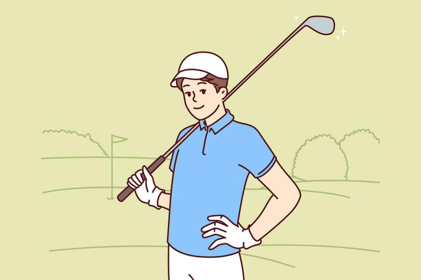 Man with golf club on shoulder smiles standing in golfers park after successfully completing all holes. Young successful guy is fond of playing golf, inviting rivals to play sports. vector