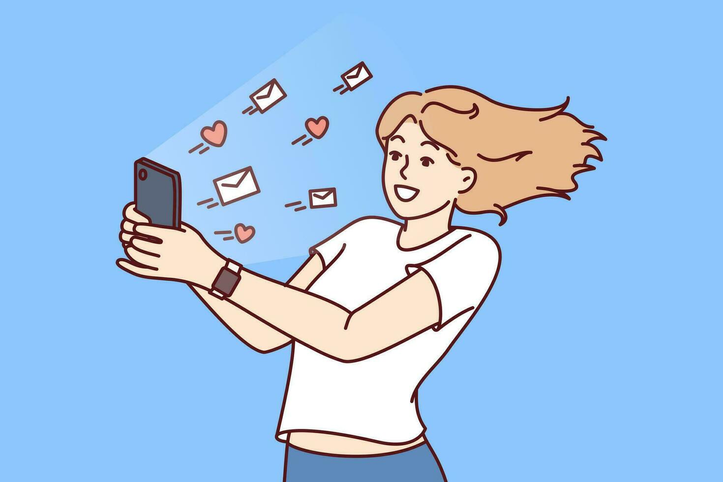 mujer con teléfono obtiene lote de mensajes y gustos en social medios de comunicación y se regocija a popularidad de personal Blog en Internet. letras con corazones mosca fuera de teléfono inteligente de sonriente niña utilizando social redes vector