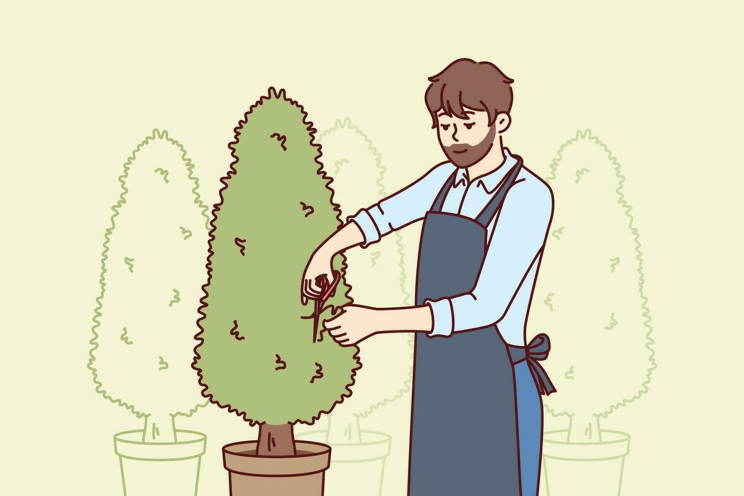 Man gardener cuts excess branches from trees growing in pots and taking care of plants to decorate landscape. Bearded guy gardener in work coat makes career as employee of greenhouse or conservatory vector