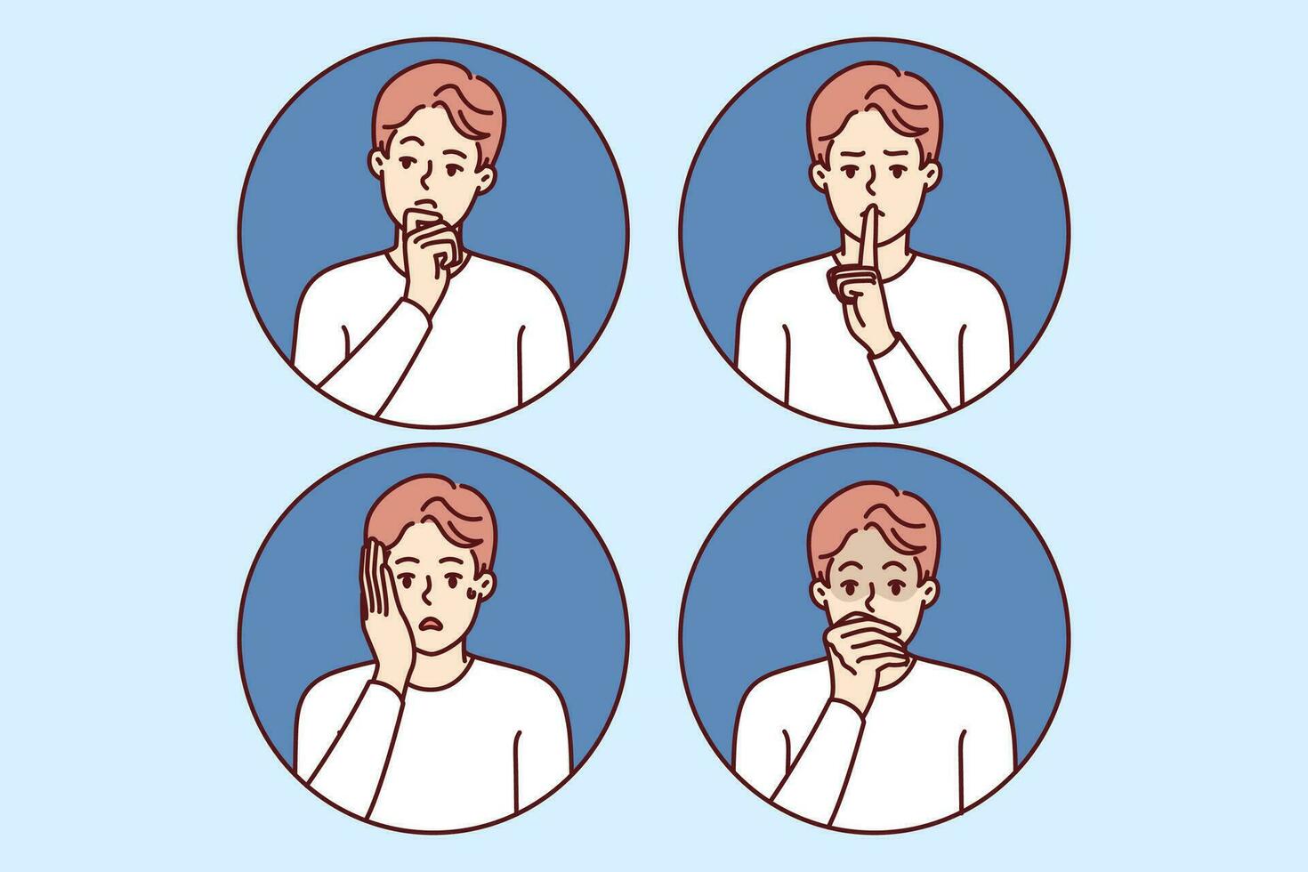 Emotional man with different moods shows thoughtful or frightened grimace and calls for silence. Emotional expressive guy feels fear and horror and says shh putting finger to mouth. vector
